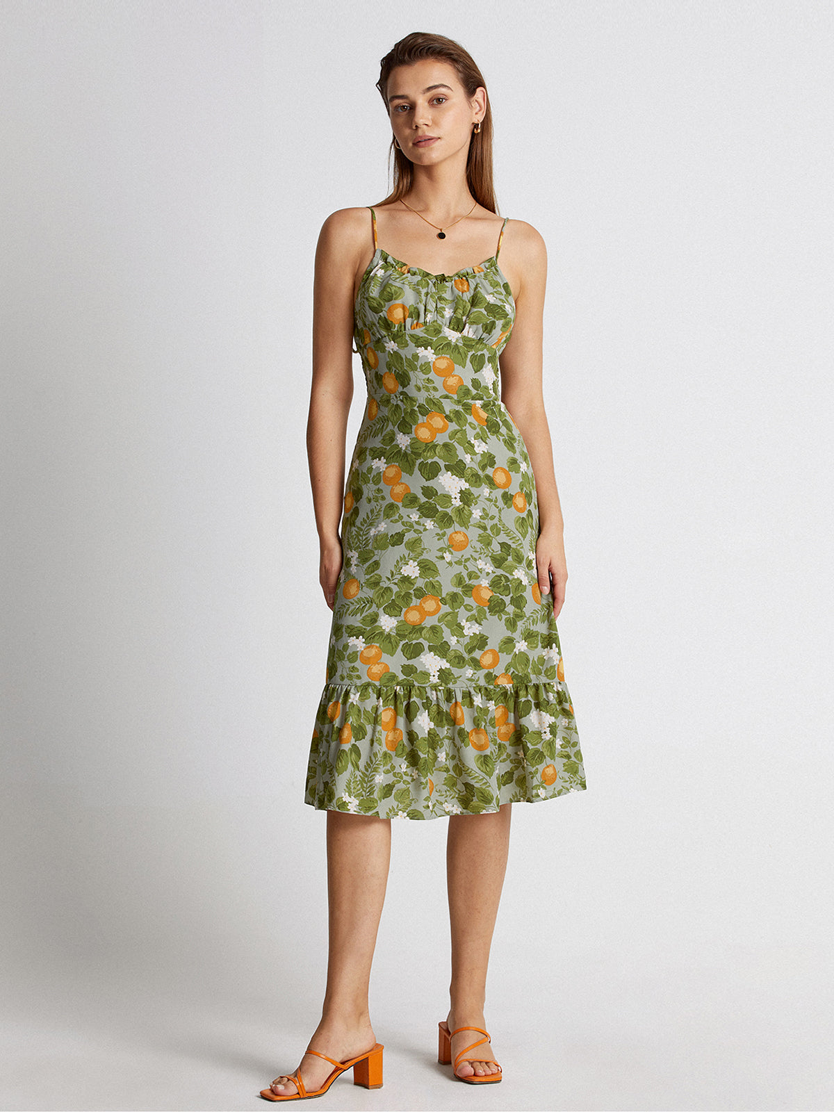 Thecomense - Ruffle Hem Valencia Orange Midi Strap Dress
