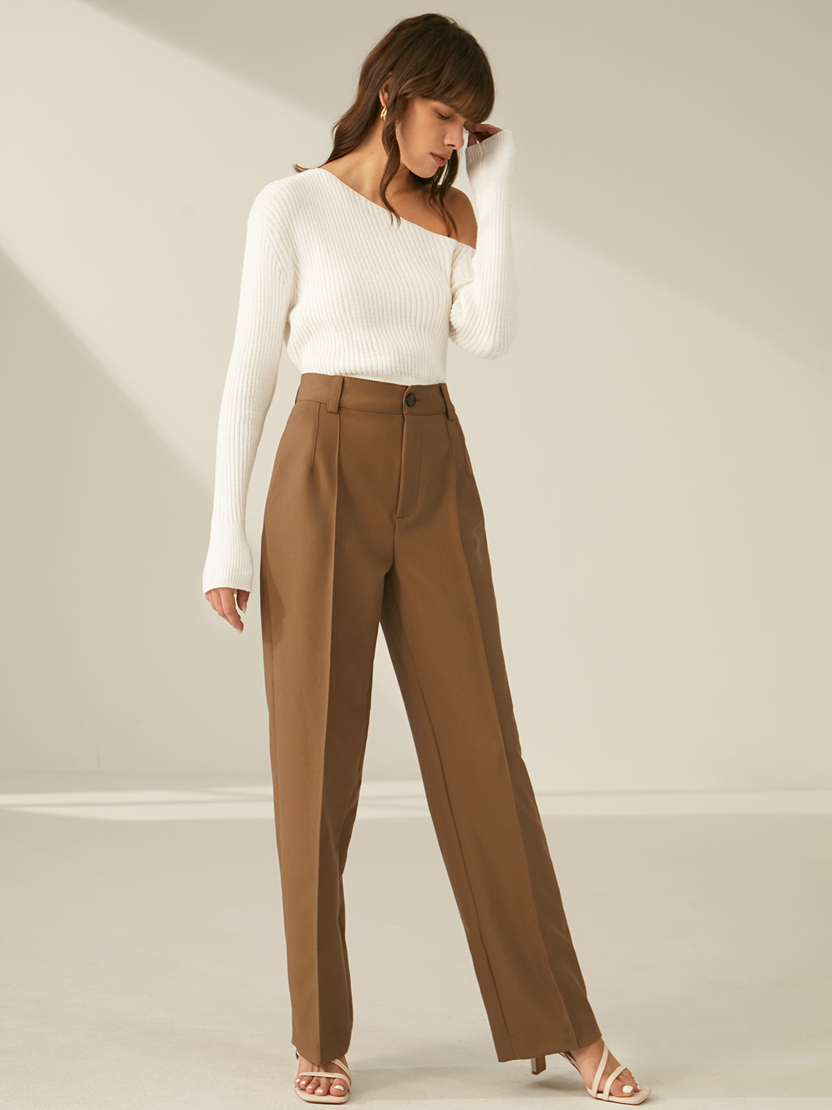 Thecomense - One Shoulder Long Sleeve Ribbed Pullover Sweater