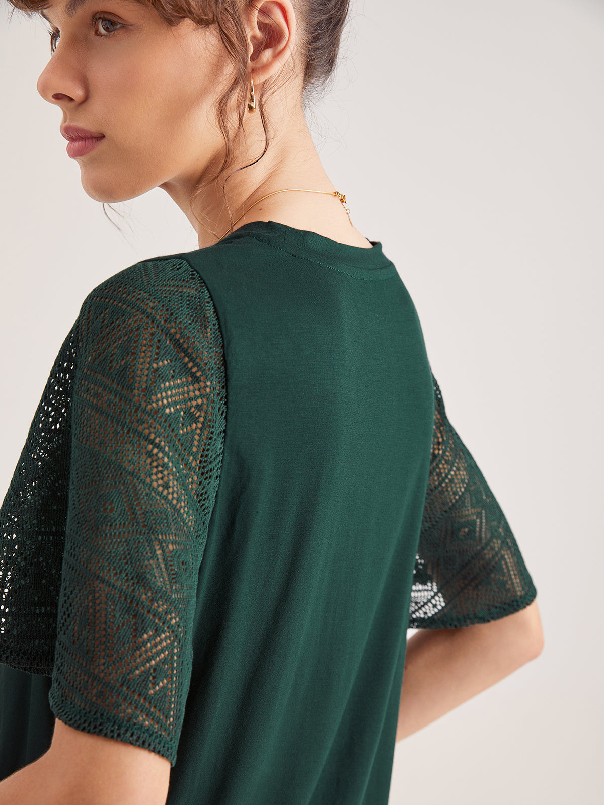 Thecomense - Emerald Green Contrast Lace Flutter Sleeve T-Shirt