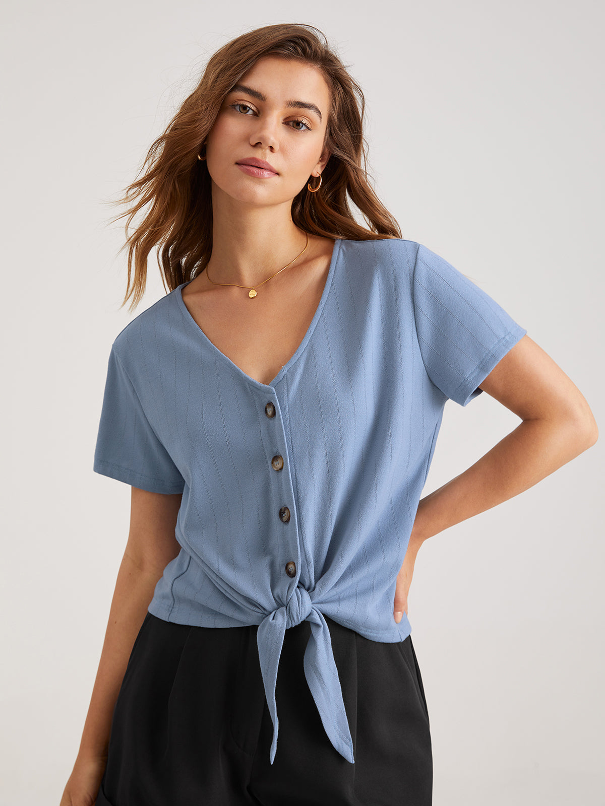 Thecomense - V-Neck Tie Front Button Top