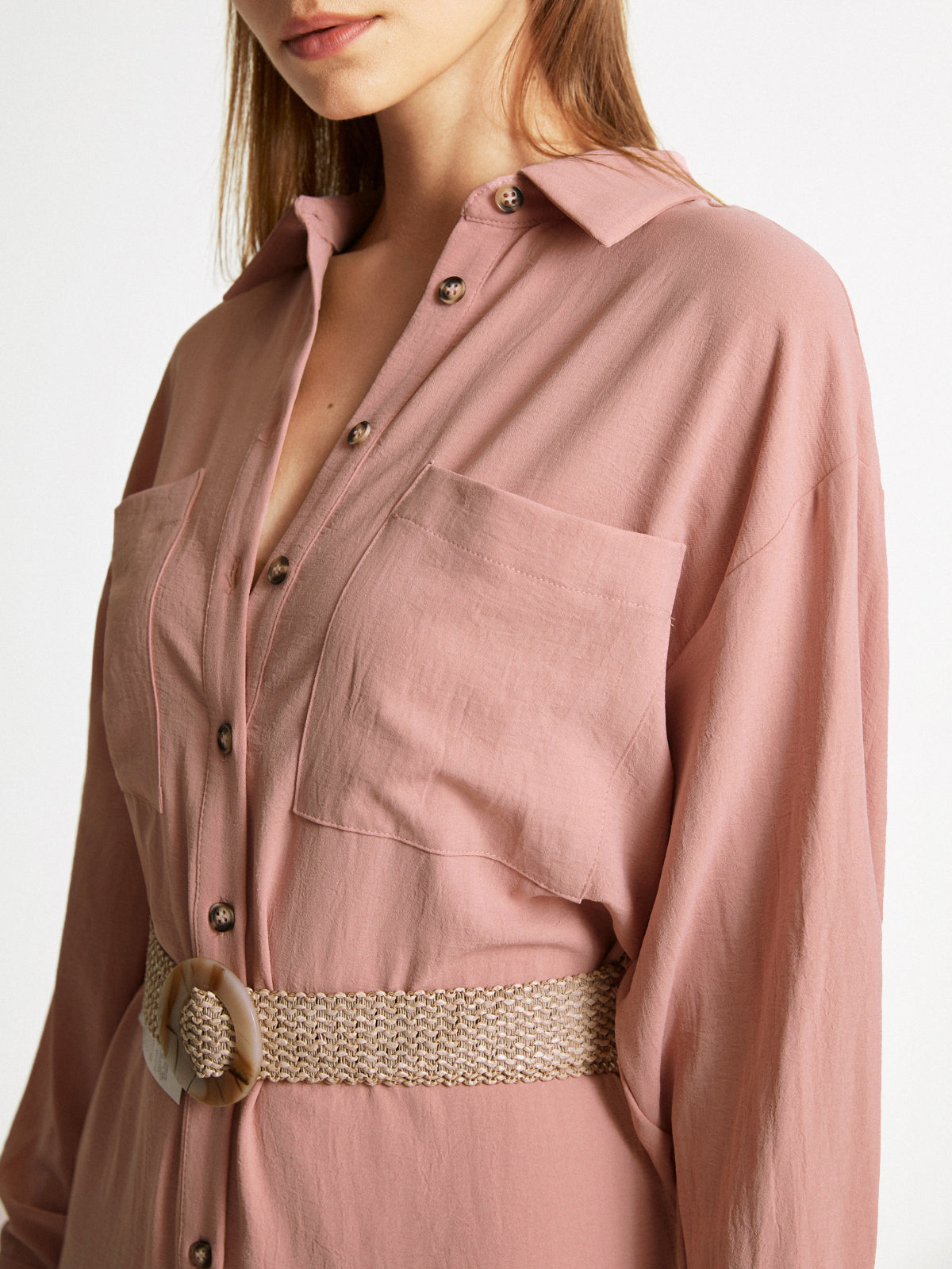 Thecomense - Long Sleeve Button Front Belted Midi Shirt Dress Without Belt