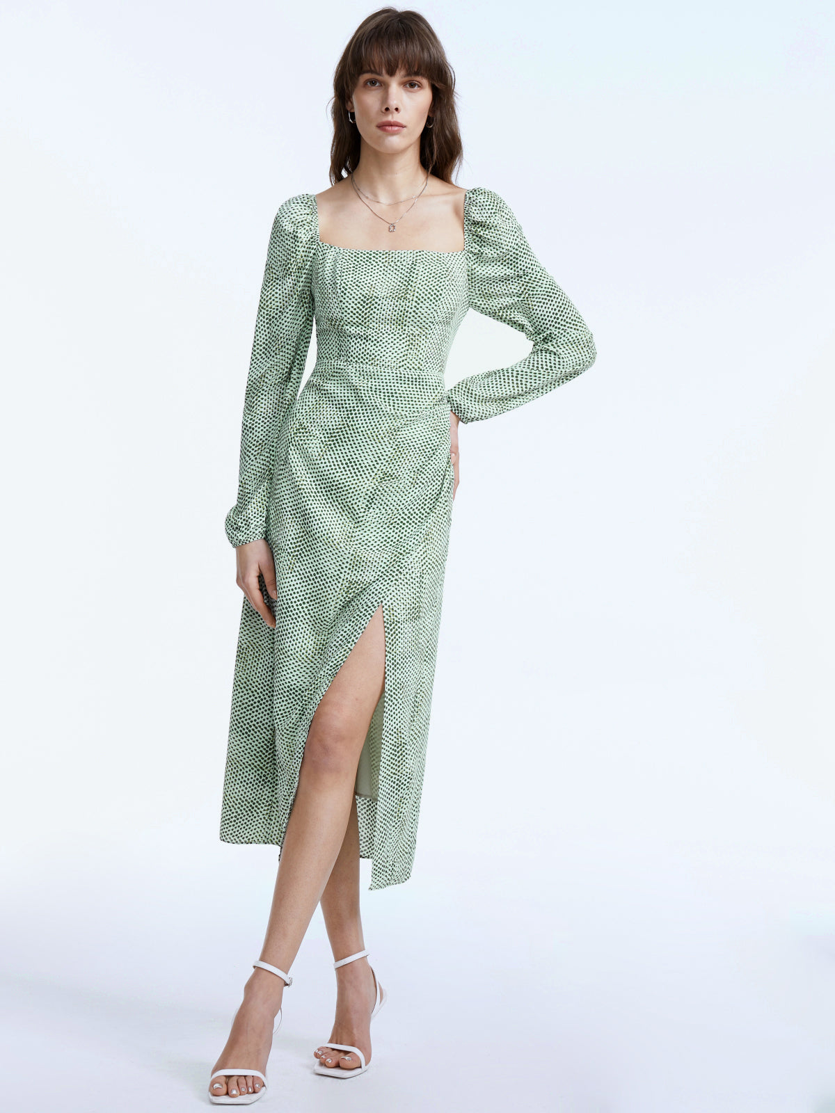 Thecomense - Square Neck Long Puff Sleeve Patterned Midi Slit Dress
