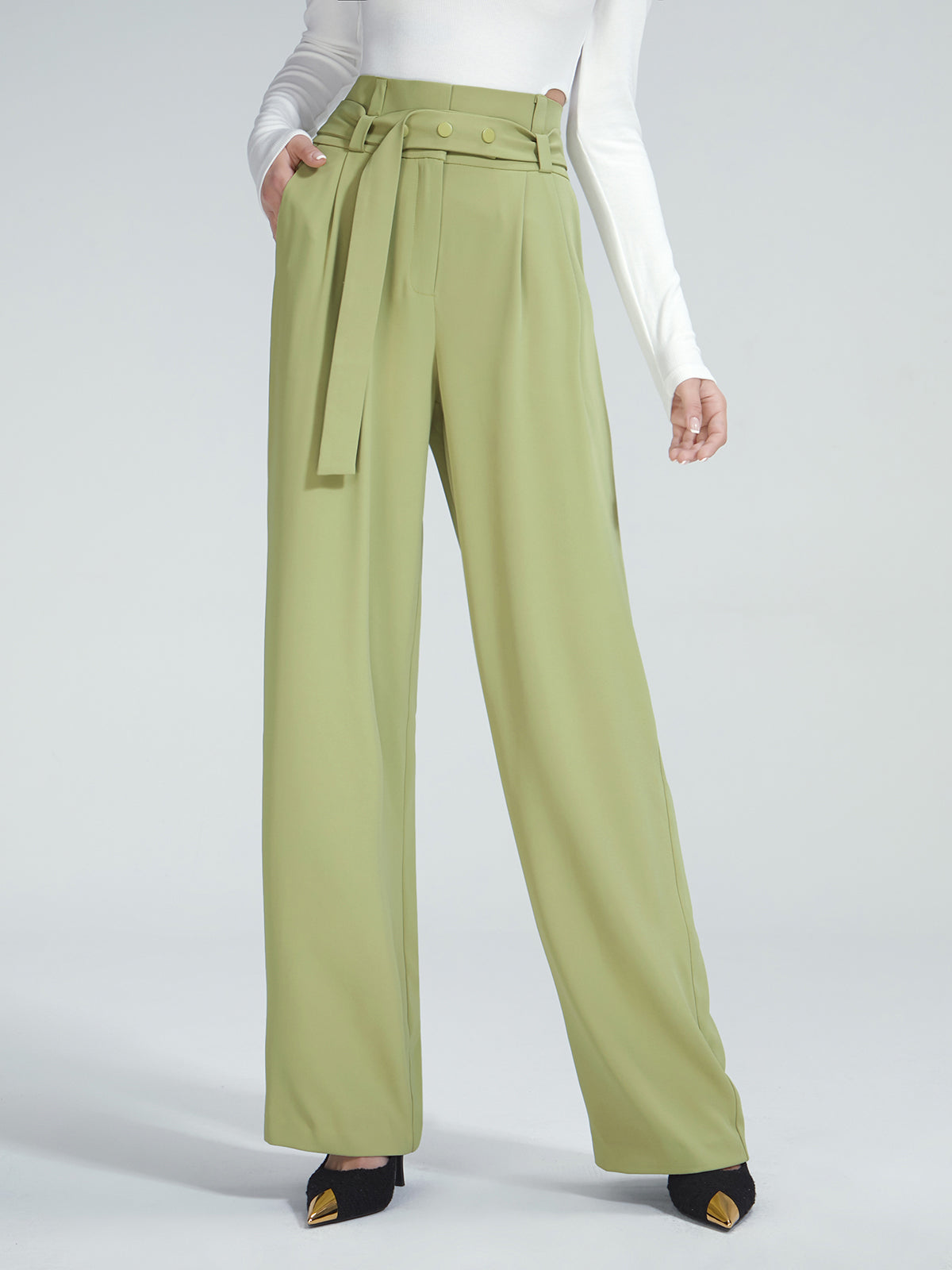 Thecomense - High Waisted Belted Pleat Front Trousers