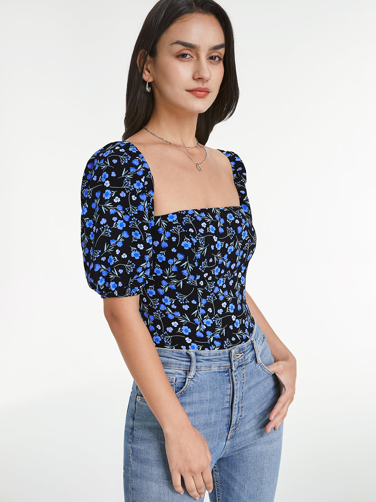 Thecomense - Square Neck Indigo Floral Short Puff Sleeve Top