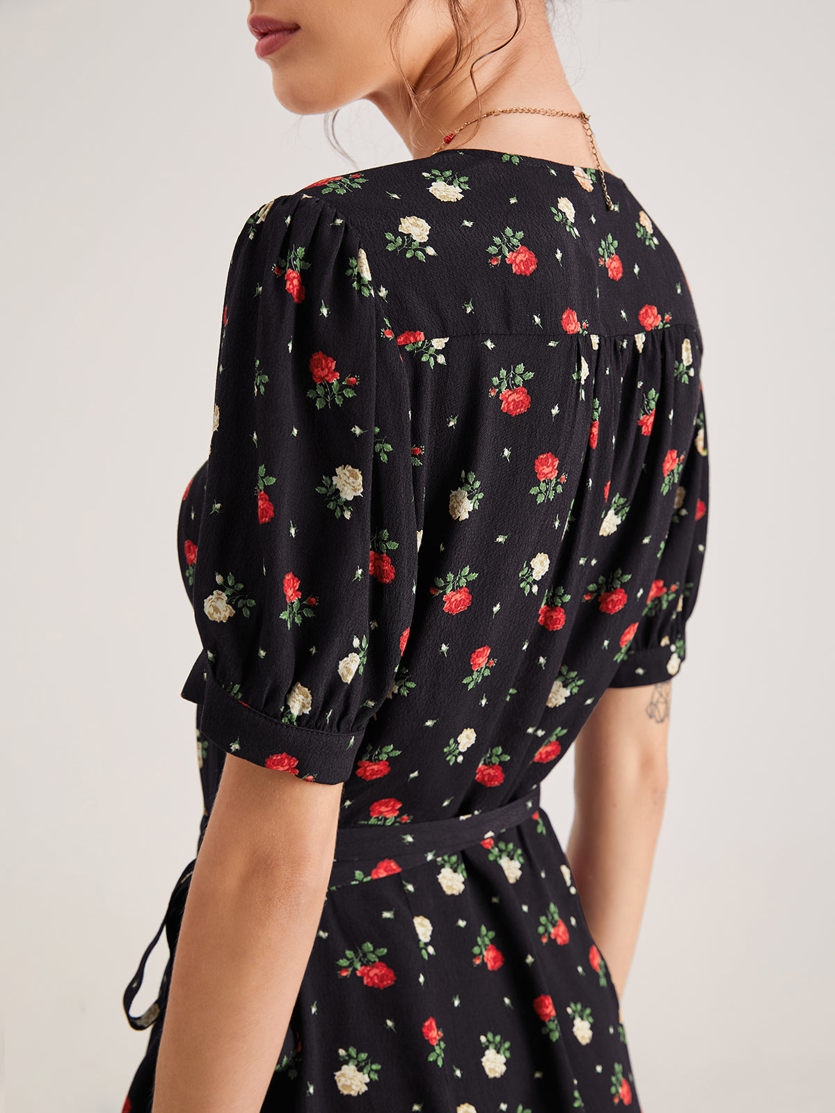 Thecomense - Floral Side Tie Thigh Split Midi Dress