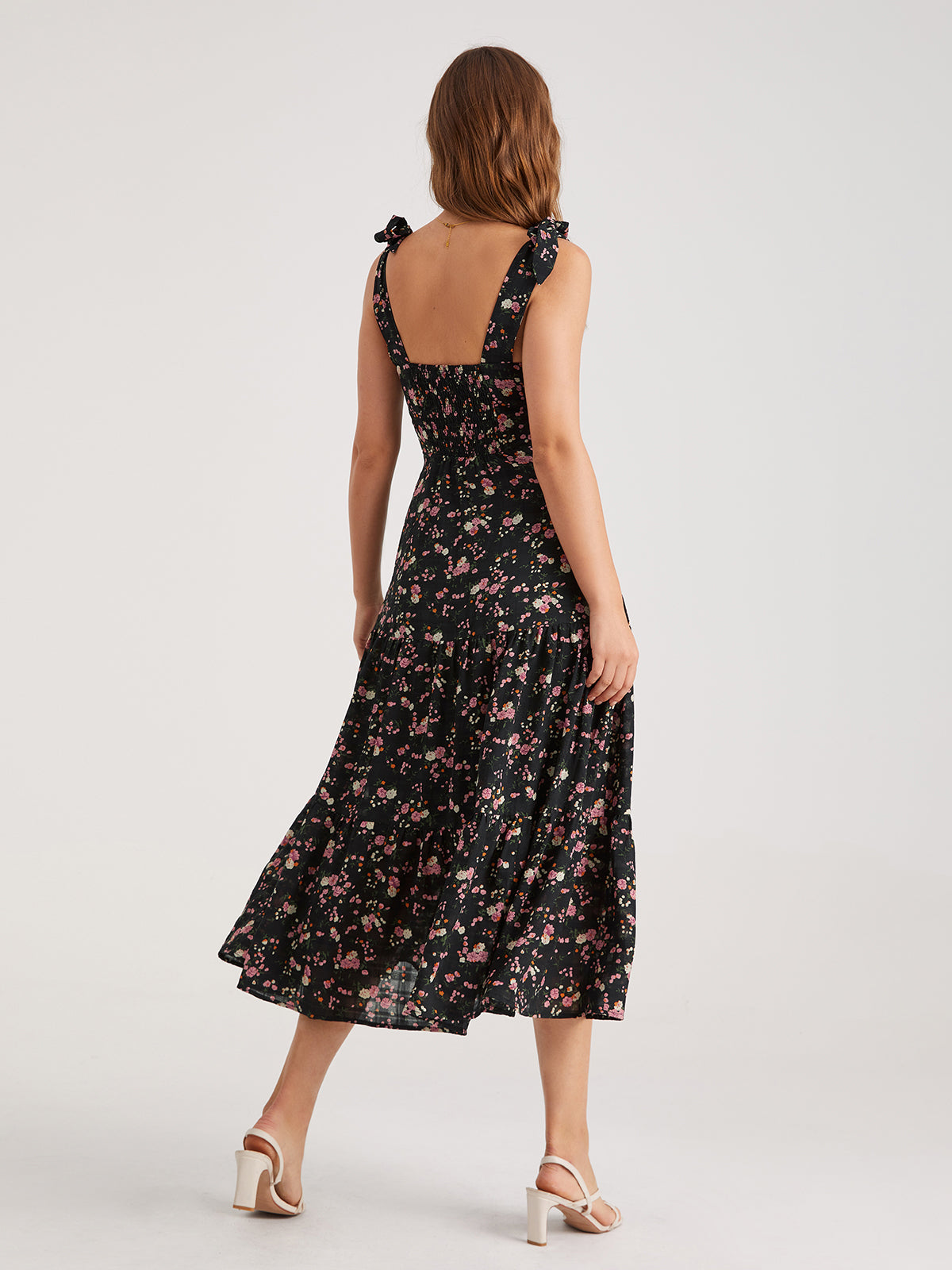Thecomense - Tie Strap Contrast Floral Midi Dress