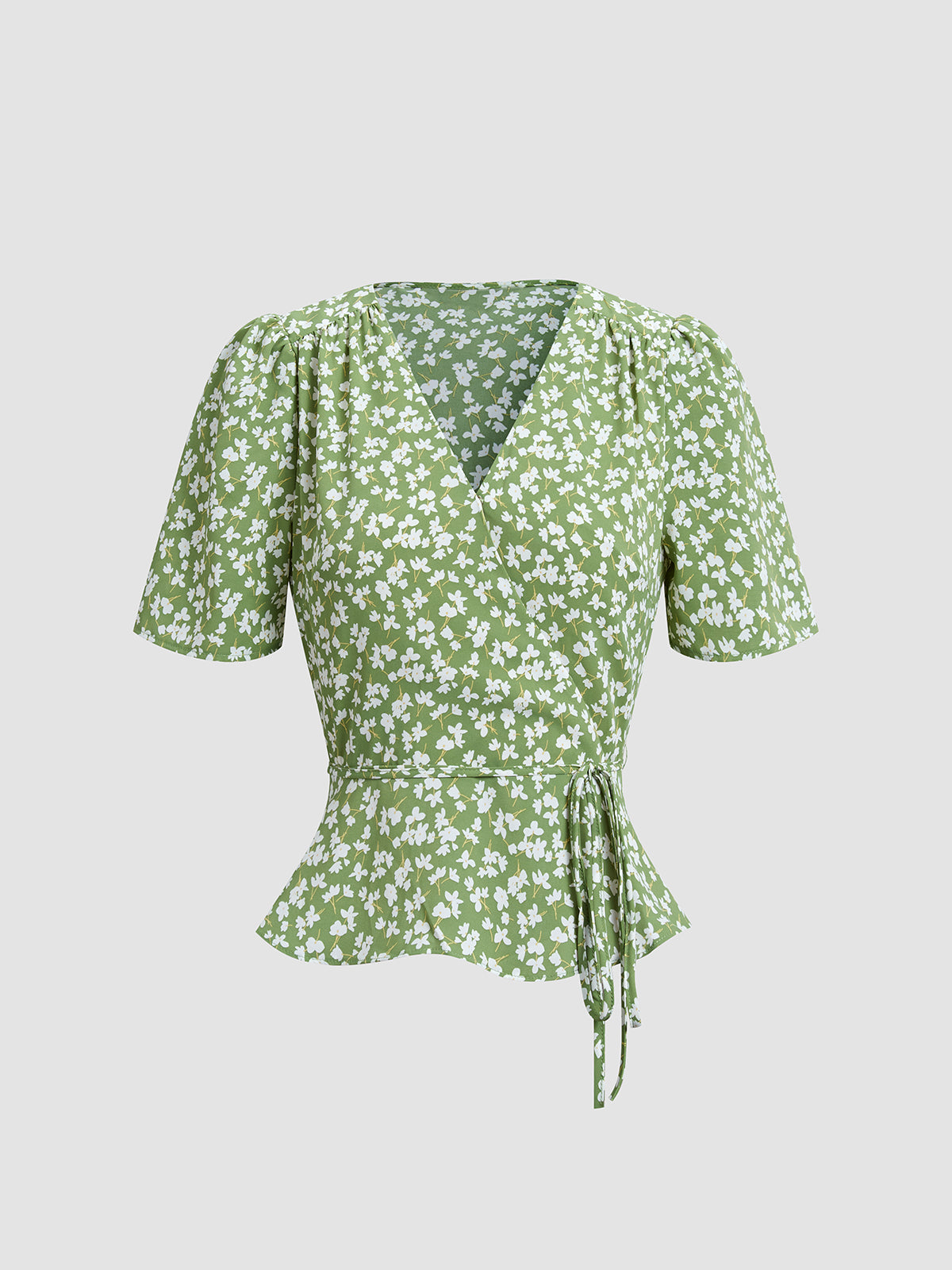 Thecomense - Floral Shoulder Pleat Wrap Top