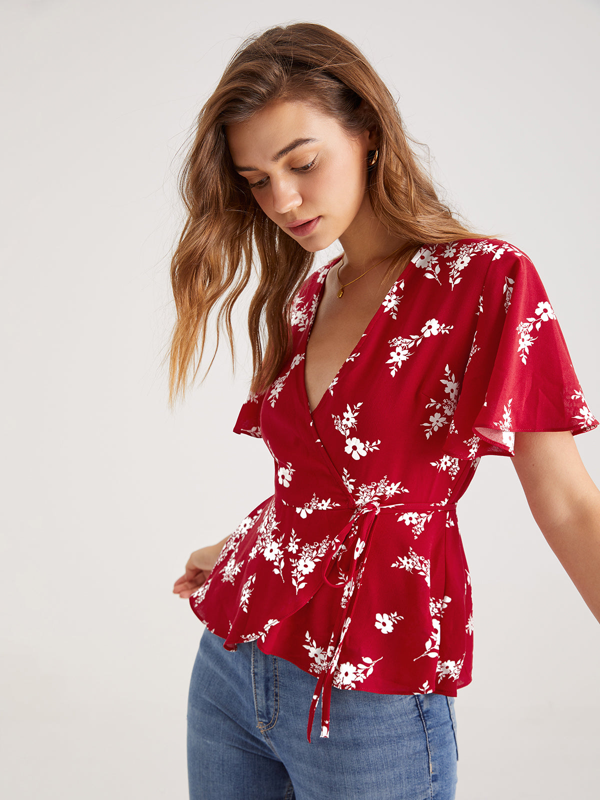 Thecomense - V-Neck Floral Wrap Tie Top