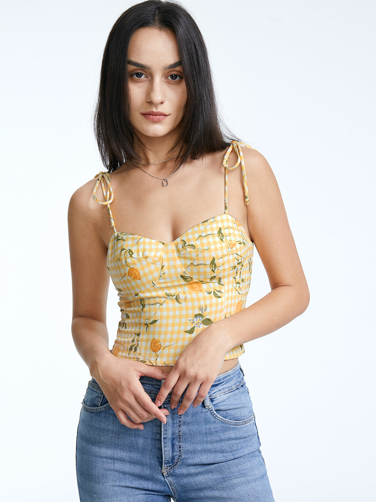 Thecomense - Cropped Lemon Gingham Sweetheart Tie Strap Tank Top