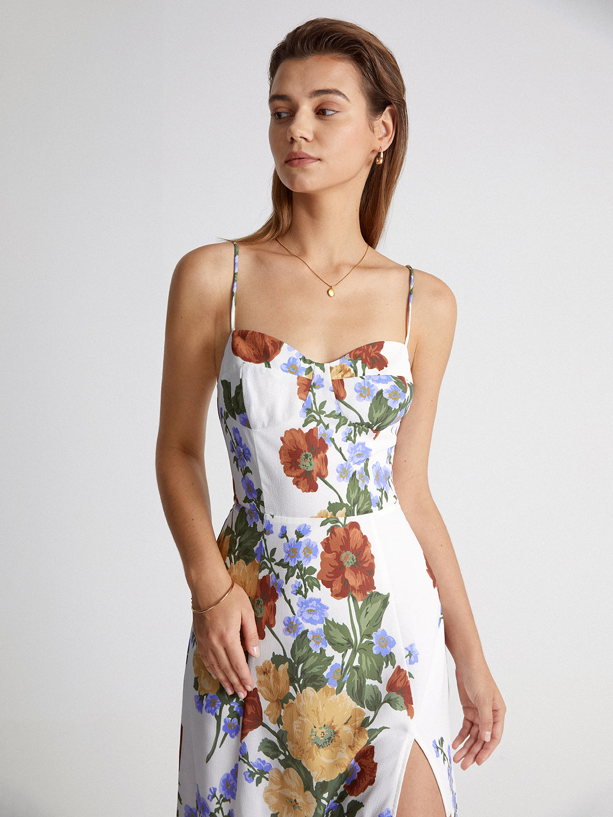 Thecomense - Poppy Floral Slit Strap Midi Dress