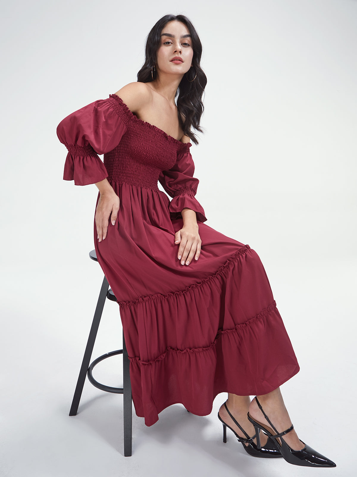Thecomense - Off The Shoulder Long Puff Sleeve Layer Pleat Dress