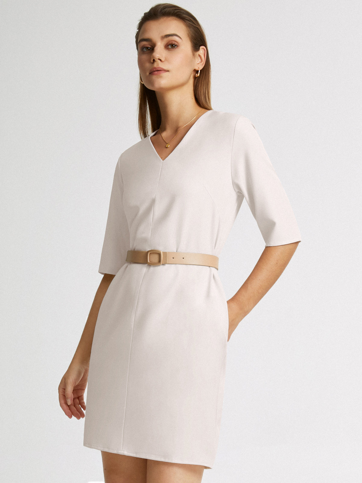 Thecomense - V Neck Belted Short Sleeve Sheath Dress Without Belt