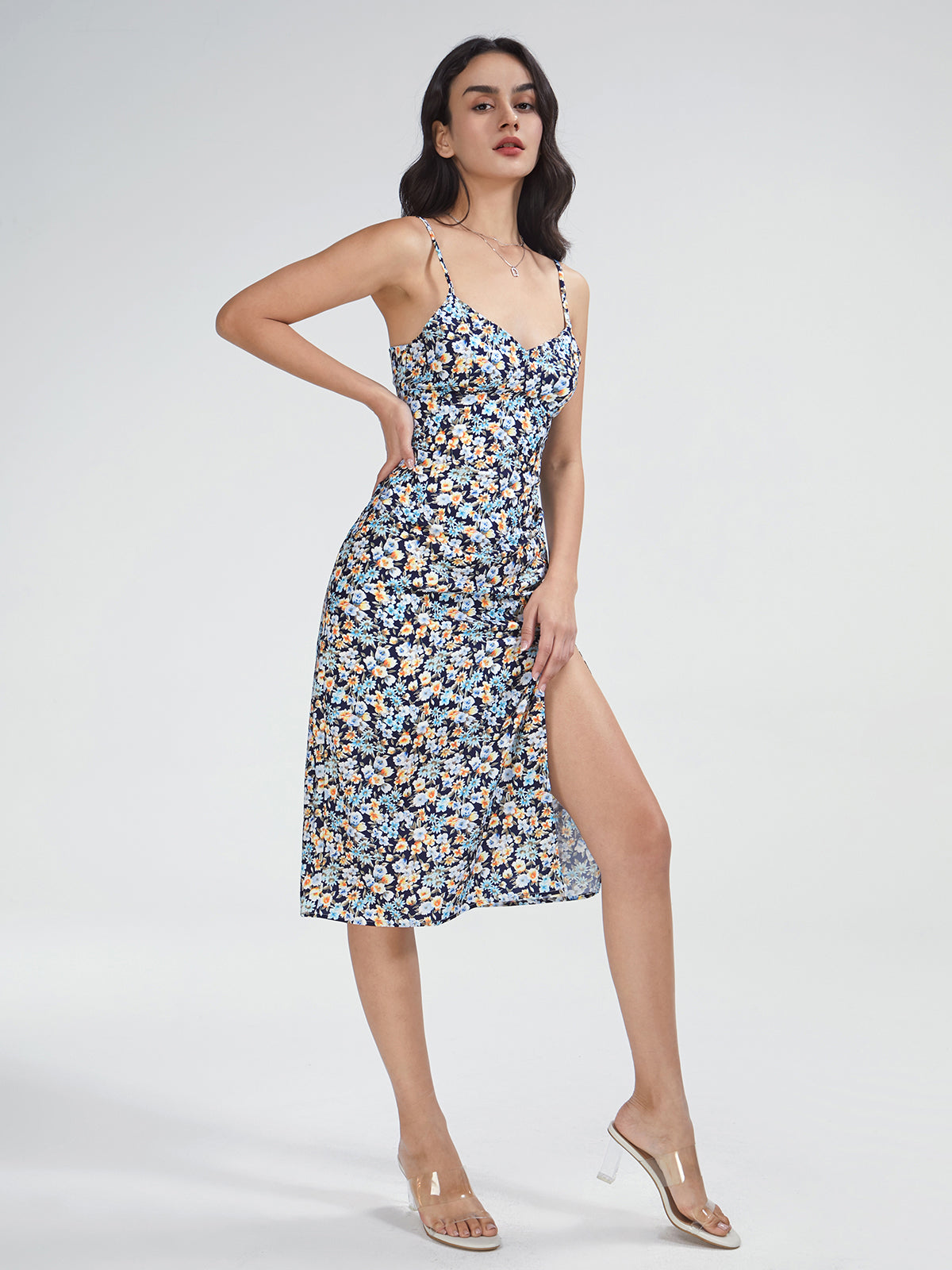Thecomense - Sweetheart Floral Strap Slit Dress