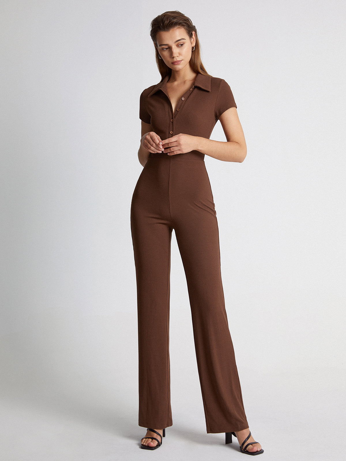 Thecomense - Short Sleeve Ribbed Button Front Collared Straight Leg Jumpsuit