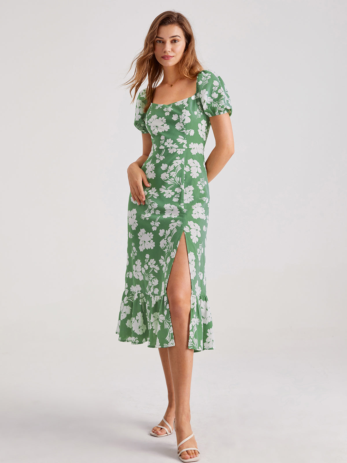 Thecomense - Puff Sleeve Floral Ruffle Midi Dress