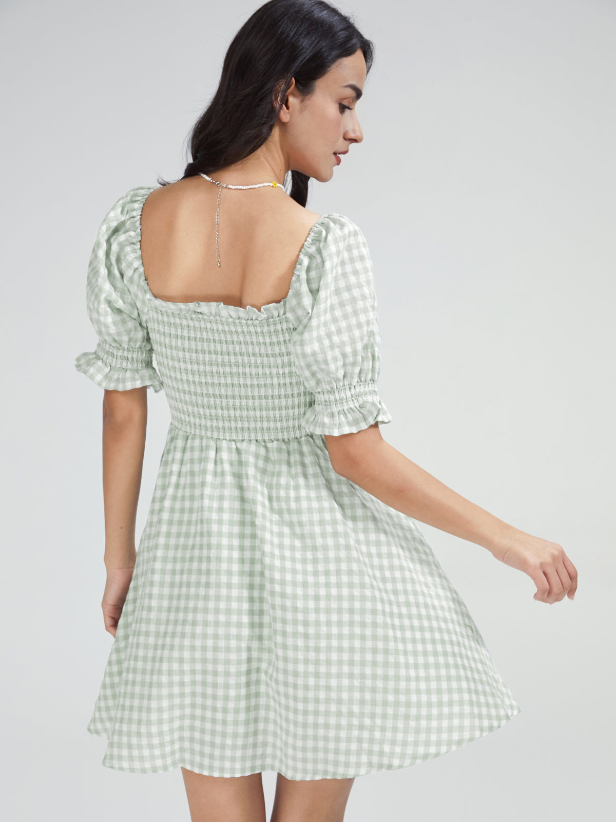 Thecomense - Square Neck Gingham Short Puff Sleeve Mini A Line Dress