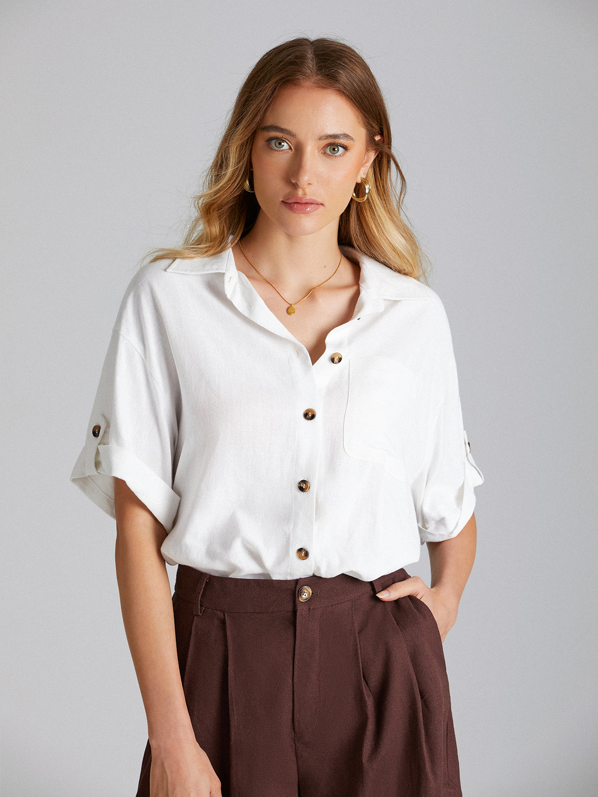 Thecomense - Quarter Sleeve Button Up Shirt