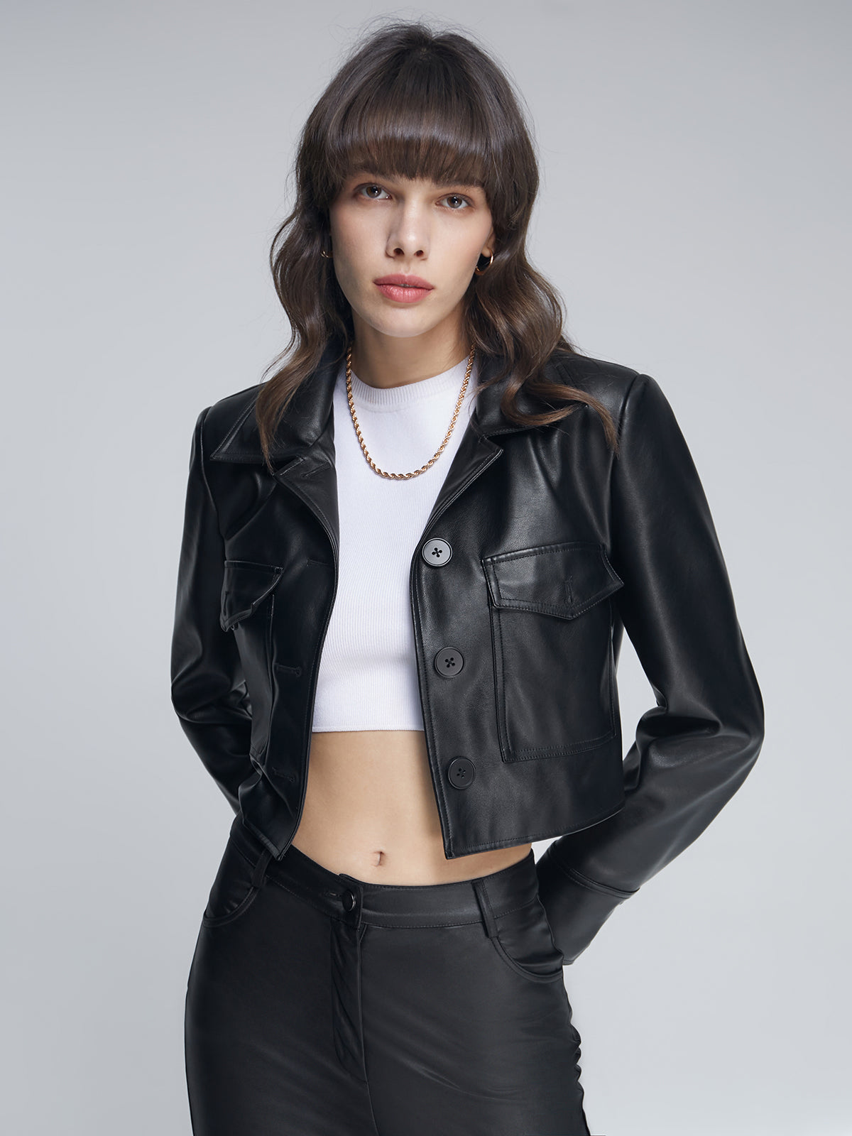 Thecomense - Cropped Double Front Pocket Leather Jacket
