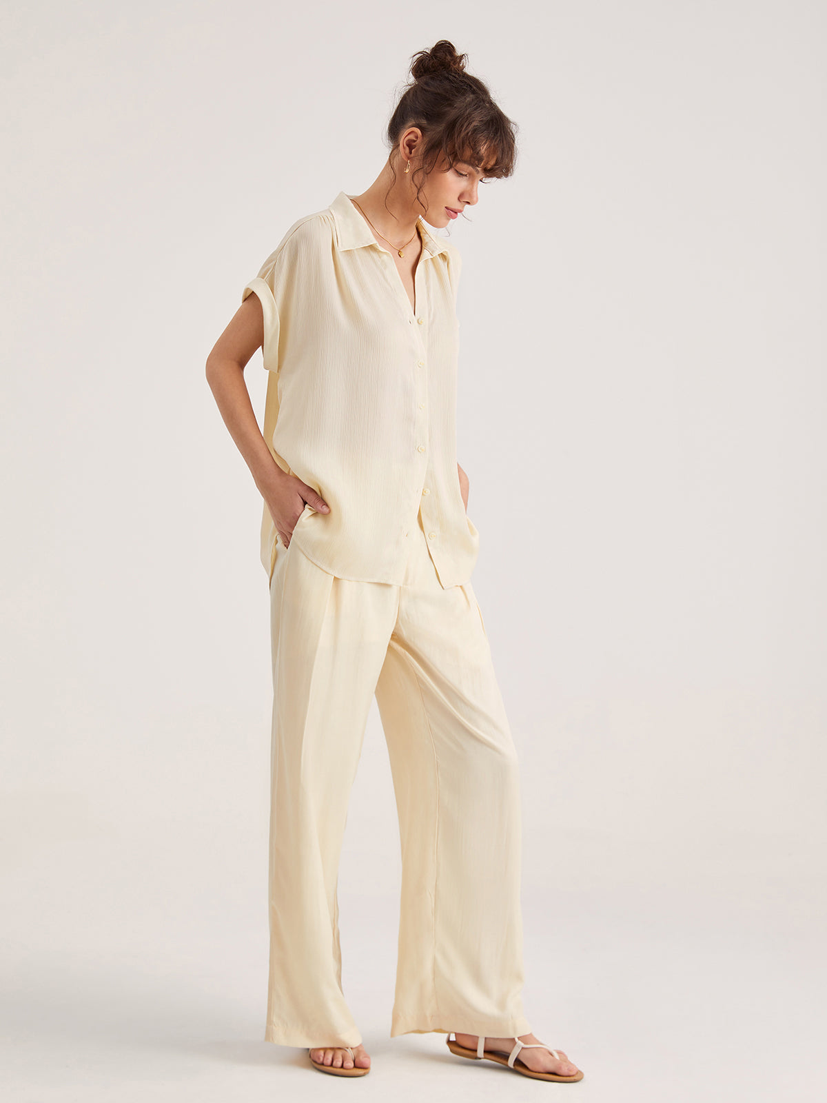 Thecomense - Drop Shoulder Pleat Button Up Shirt