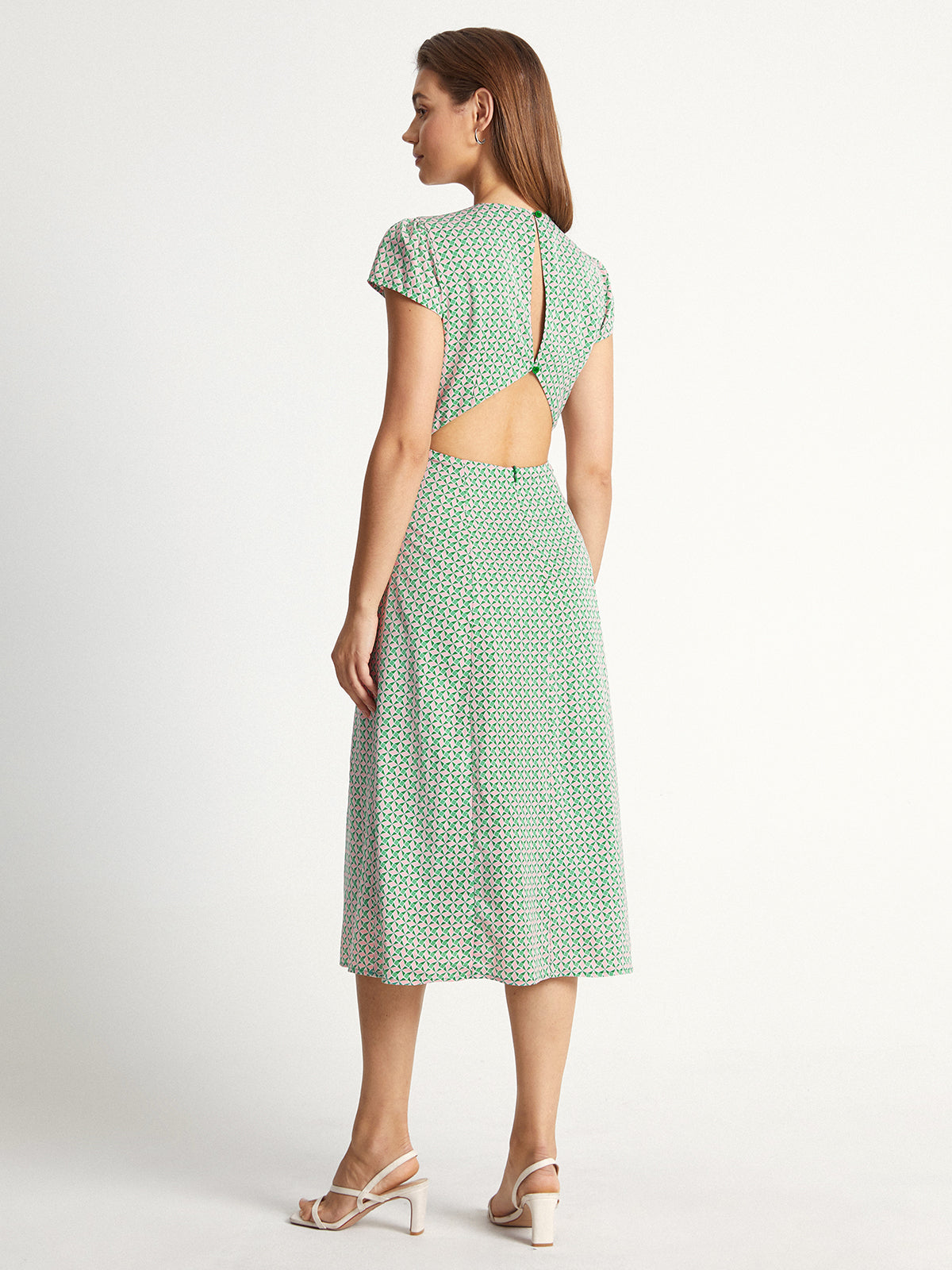 Thecomense - Shoulder Cap Diamond Print Slit Dress