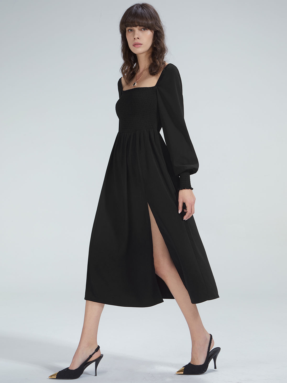 Thecomense - Square Neck Long Sleeve Slit Dress
