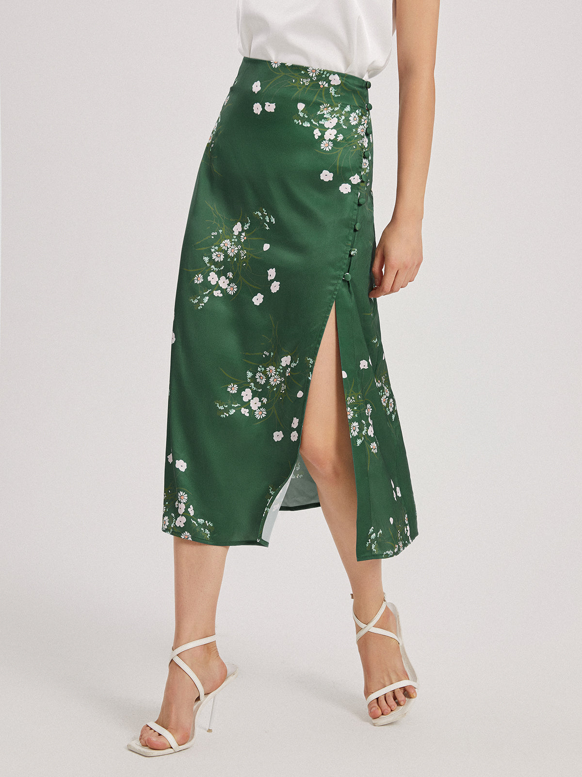 Thecomense - Floral Forest Emerald Green Satin Slit Skirt