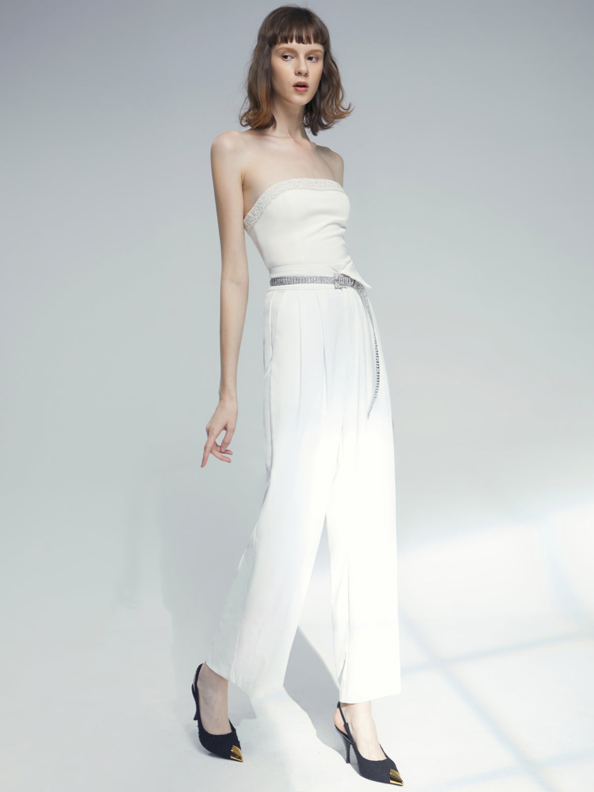 Thecomense - Straight Neck Strapless Top with Jewel Detail