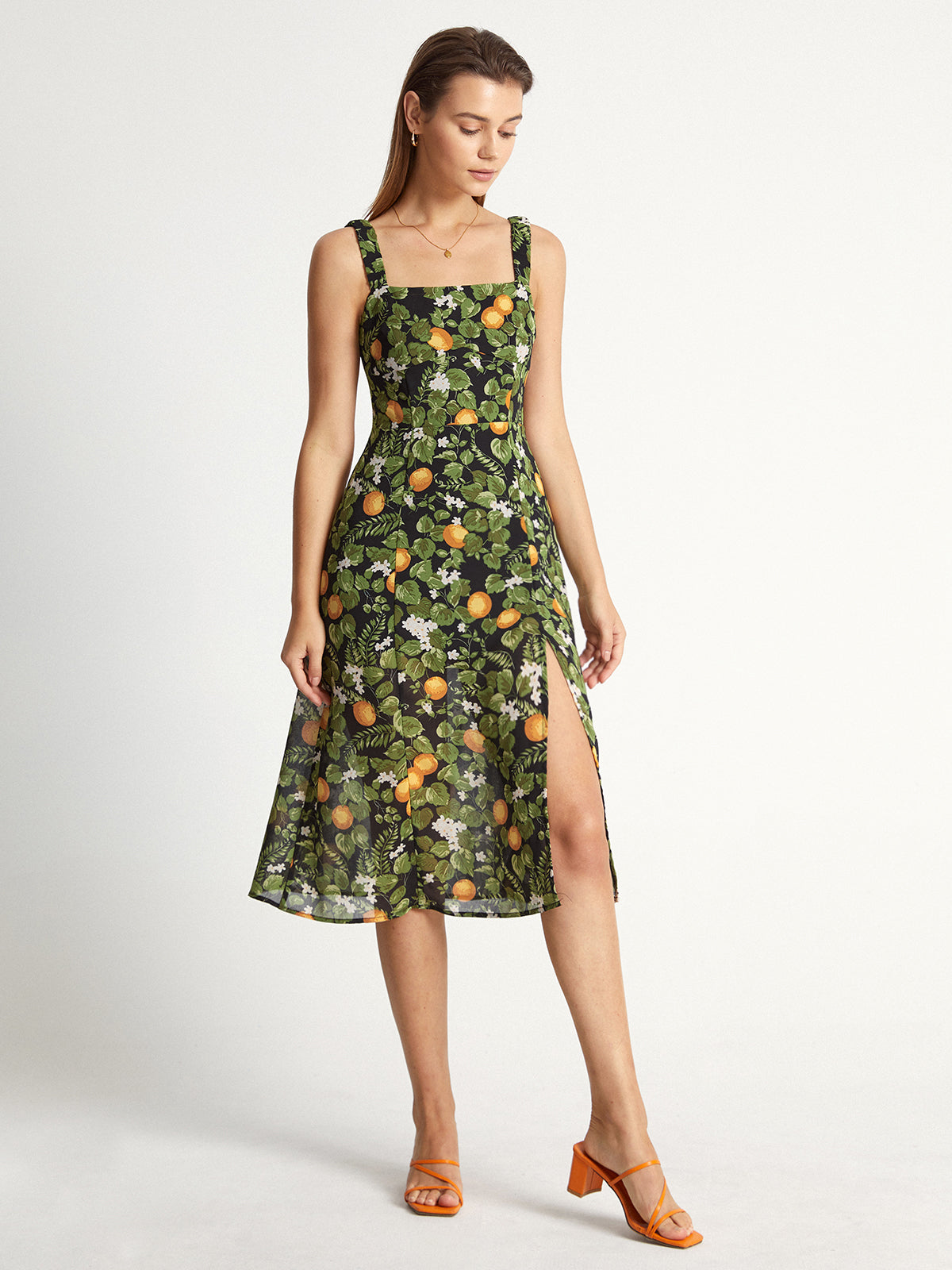 Thecomense - Square Neck Island Orange Midi Strap Dress