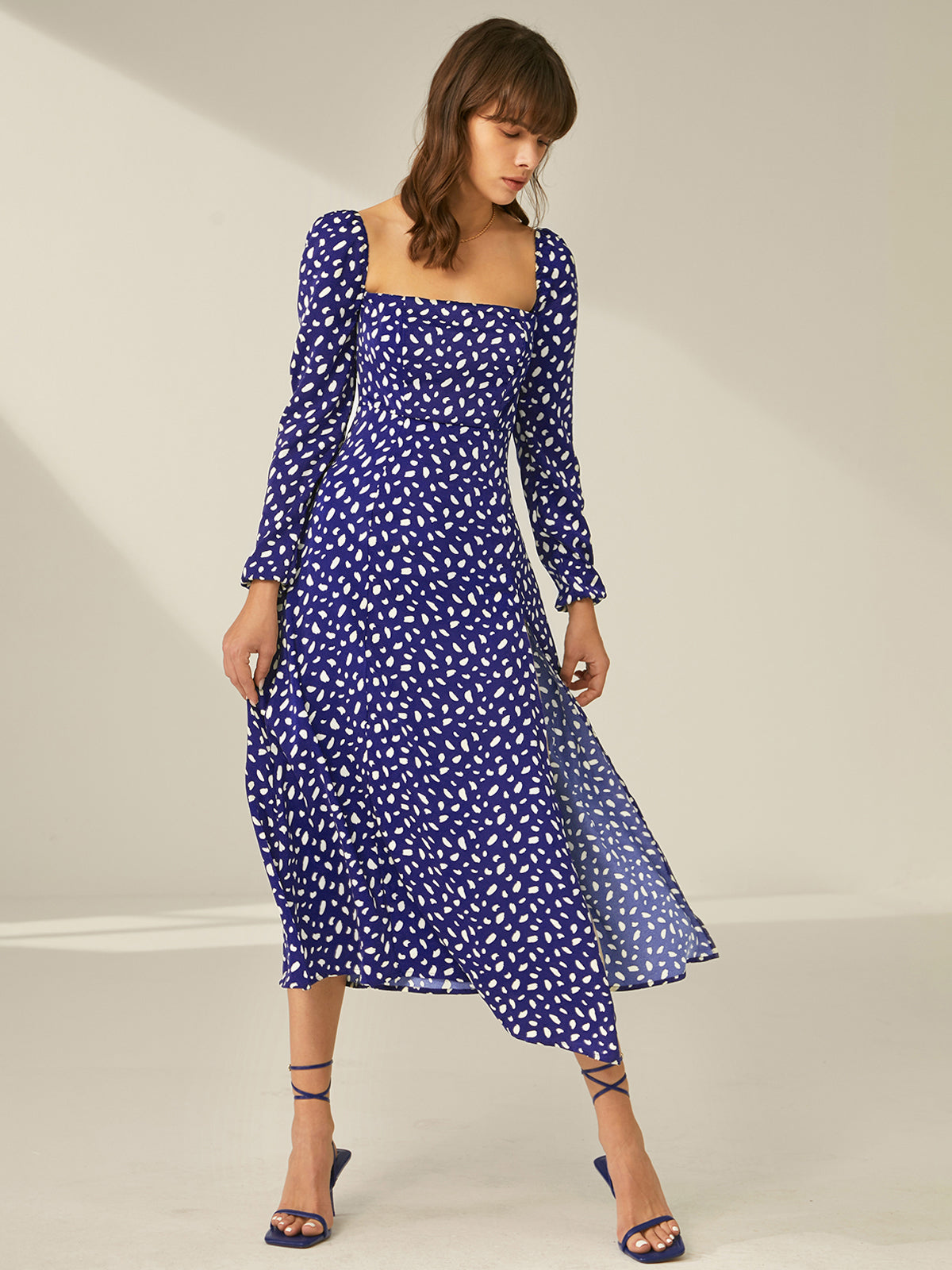 Thecomense - Square Neck Long Sleeve Patterned Slit Dress