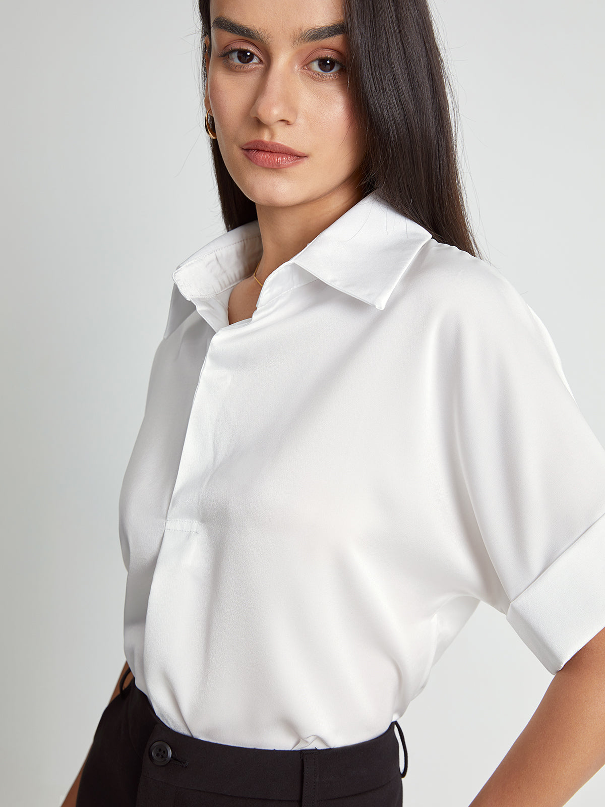 Thecomense - Quarter Sleeve Deep V Notch Lapel Blazer Shirt