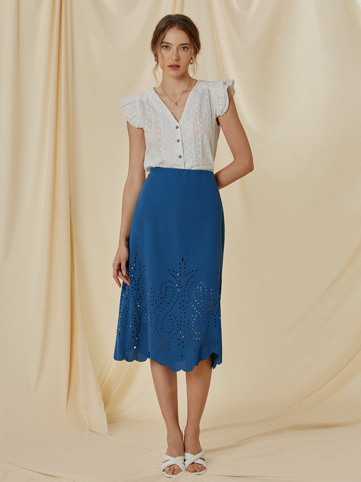 Thecomense - Eyelet High Waisted Midi Skirt