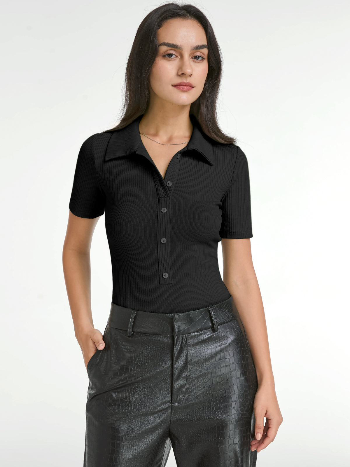 Thecomense - Short Sleeve Button Front Polo Bodysuit