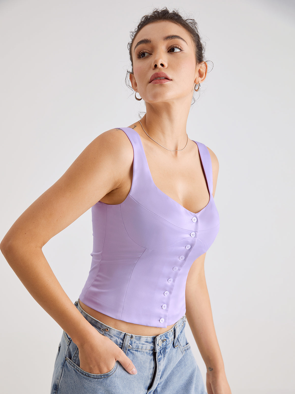 Thecomense - Mauve Button Front Contour Sleeveless Top