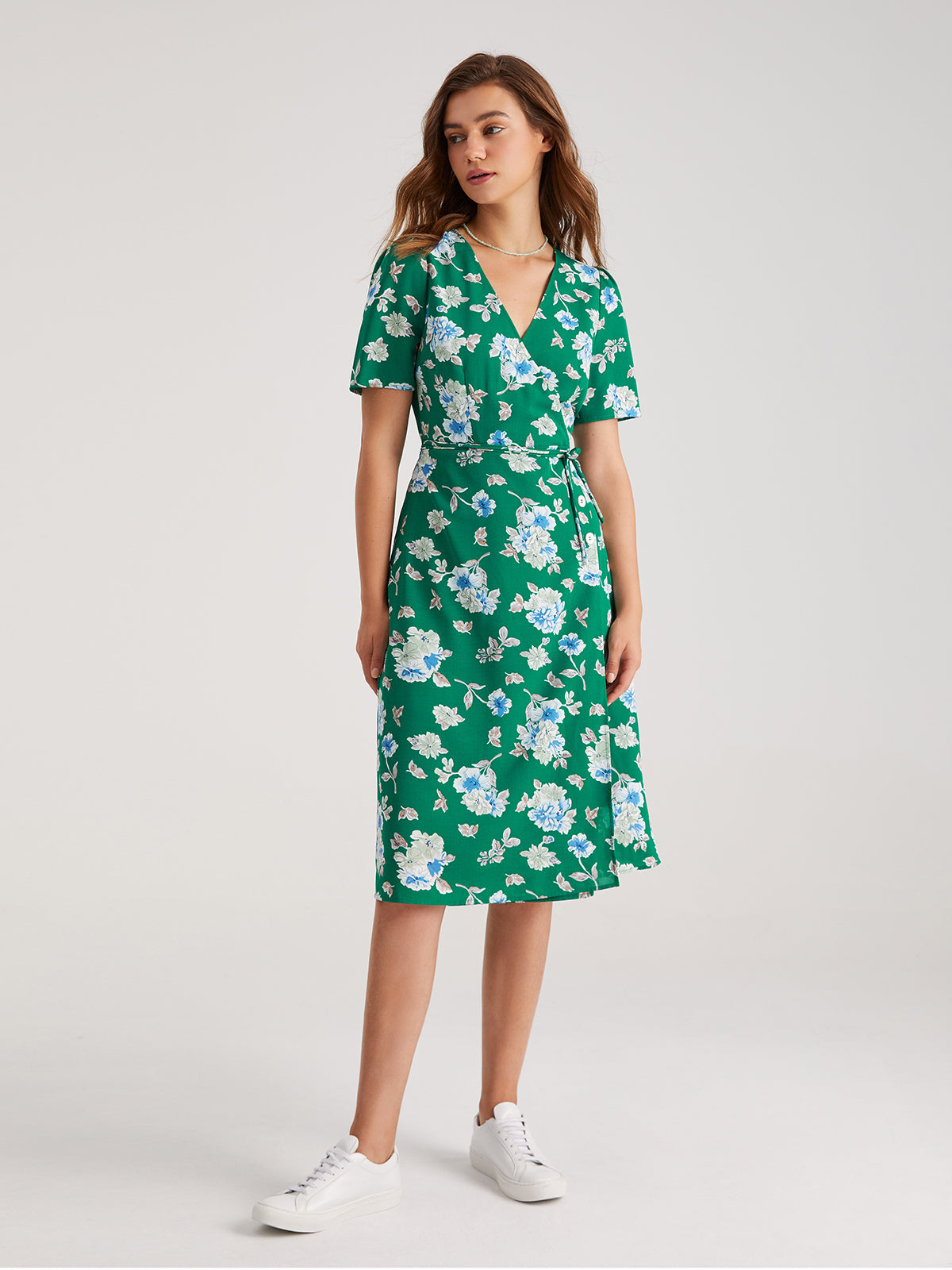 Thecomense - Short Sleeve Floral Contrast Midi Slit Dress