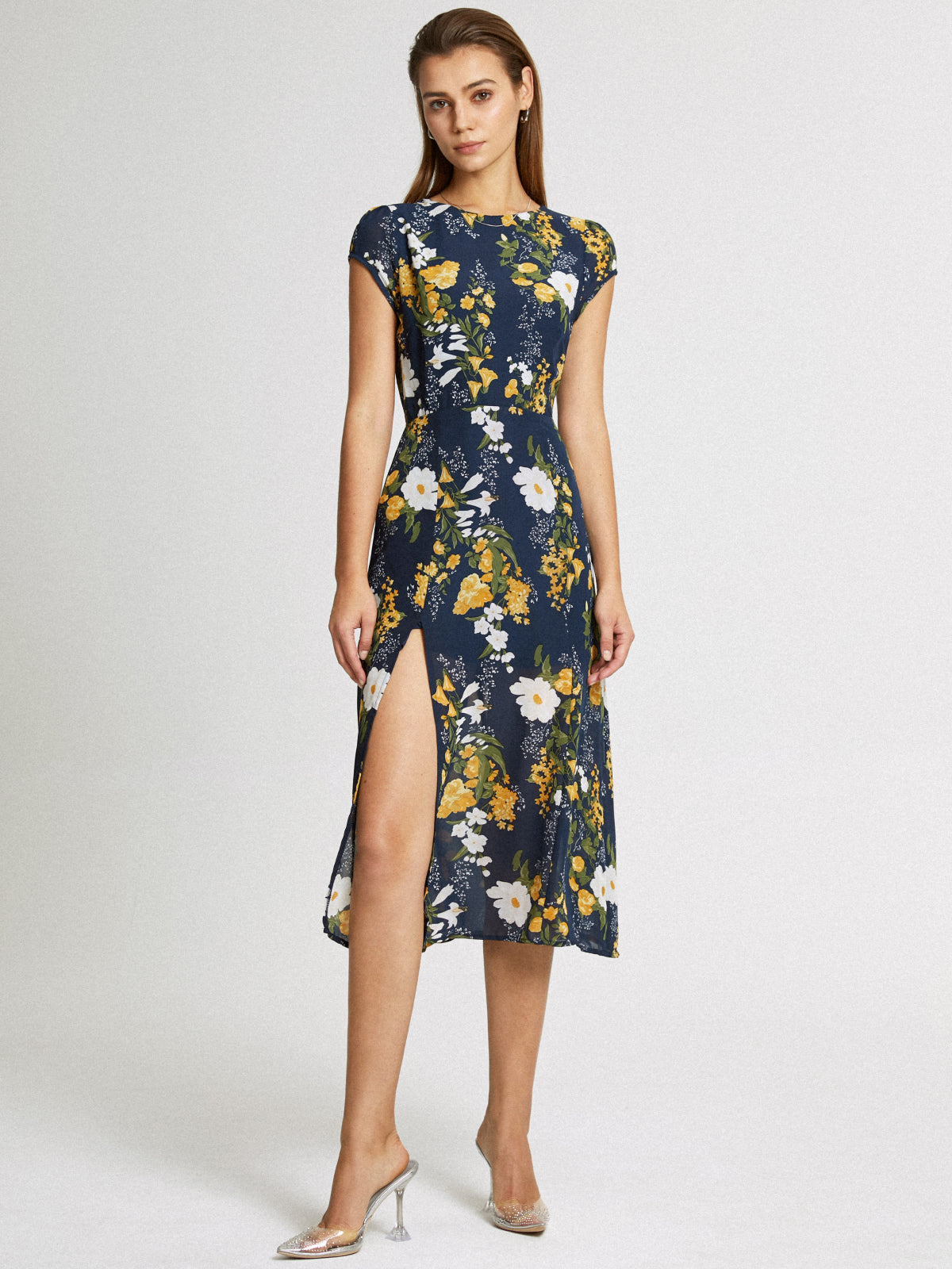 Thecomense - Cap Sleeve Island Floral Midi Slit Dress