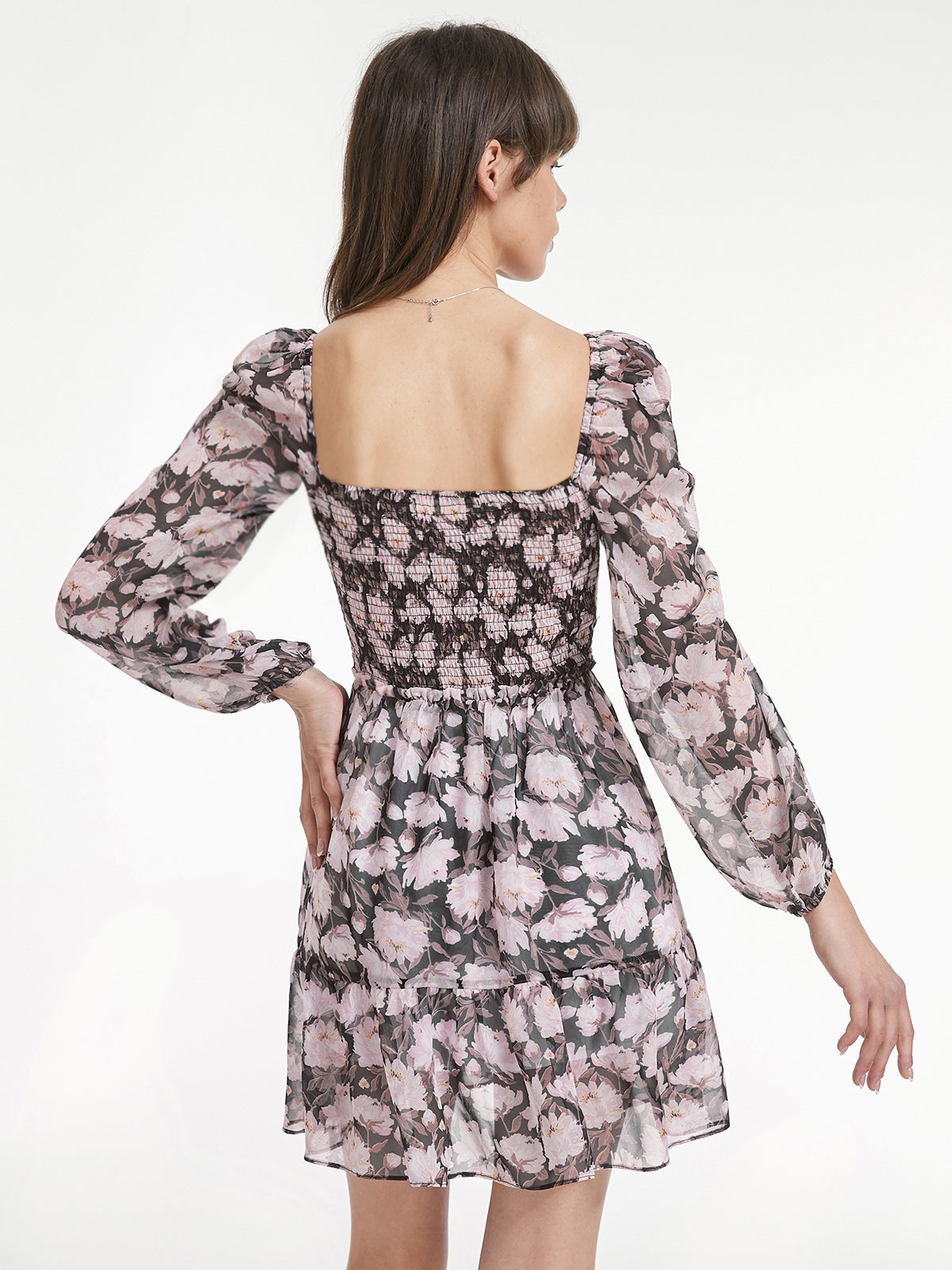 Thecomense - Mesh Long Sleeve Square Neck Tiered Short Floral Dress