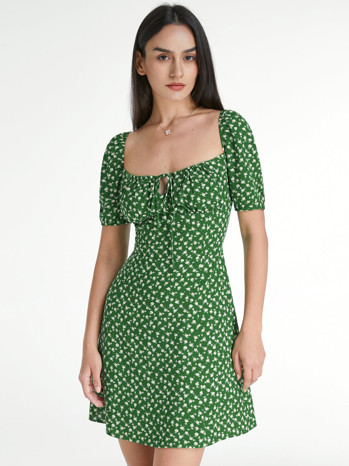 Thecomense - Square Neck Short Puff Mini Floral Mini A Line Dress