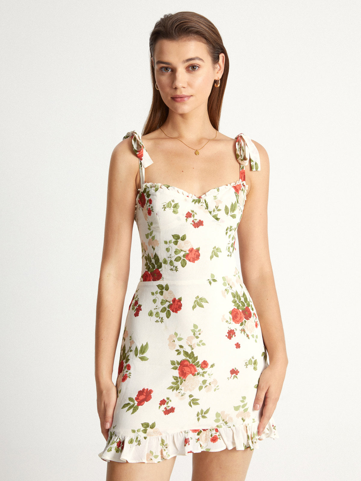 Thecomense - Sweetheart Rose Tie Strap Ruffle Hem Mini Dress