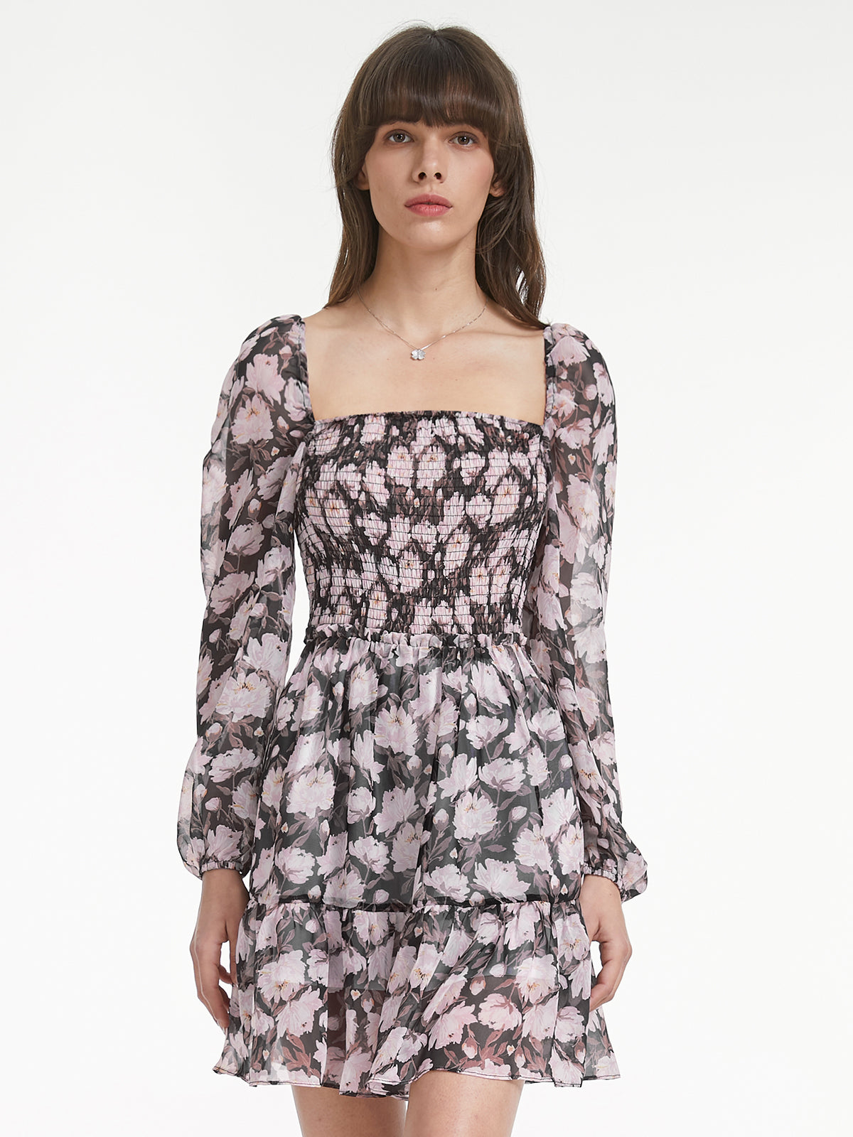 Thecomense - Mesh Long Sleeve Square Neck Tiered Short Floral Dress