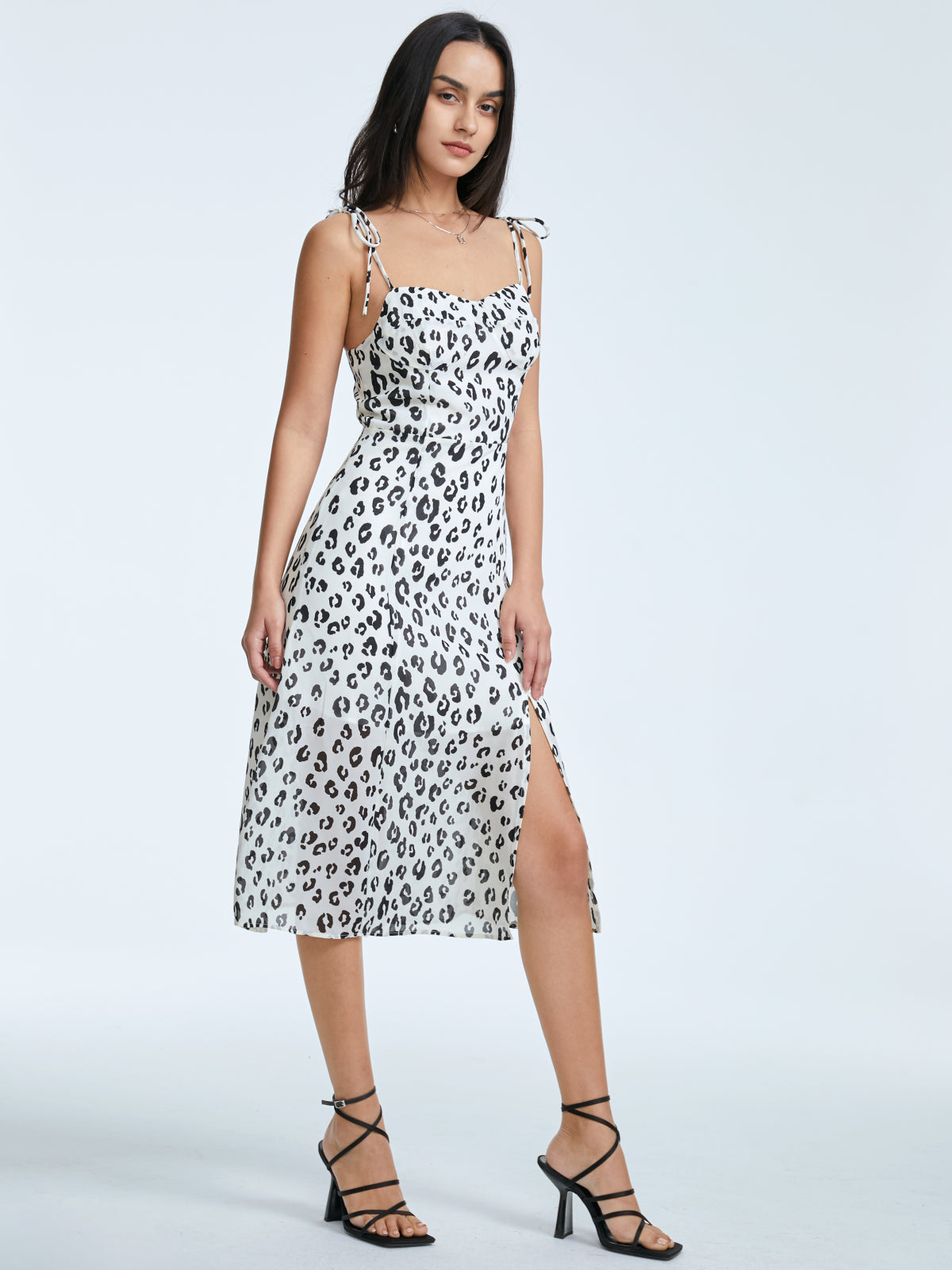 Thecomense - Square Neck Leopard Print Midi Strap Slit Dress
