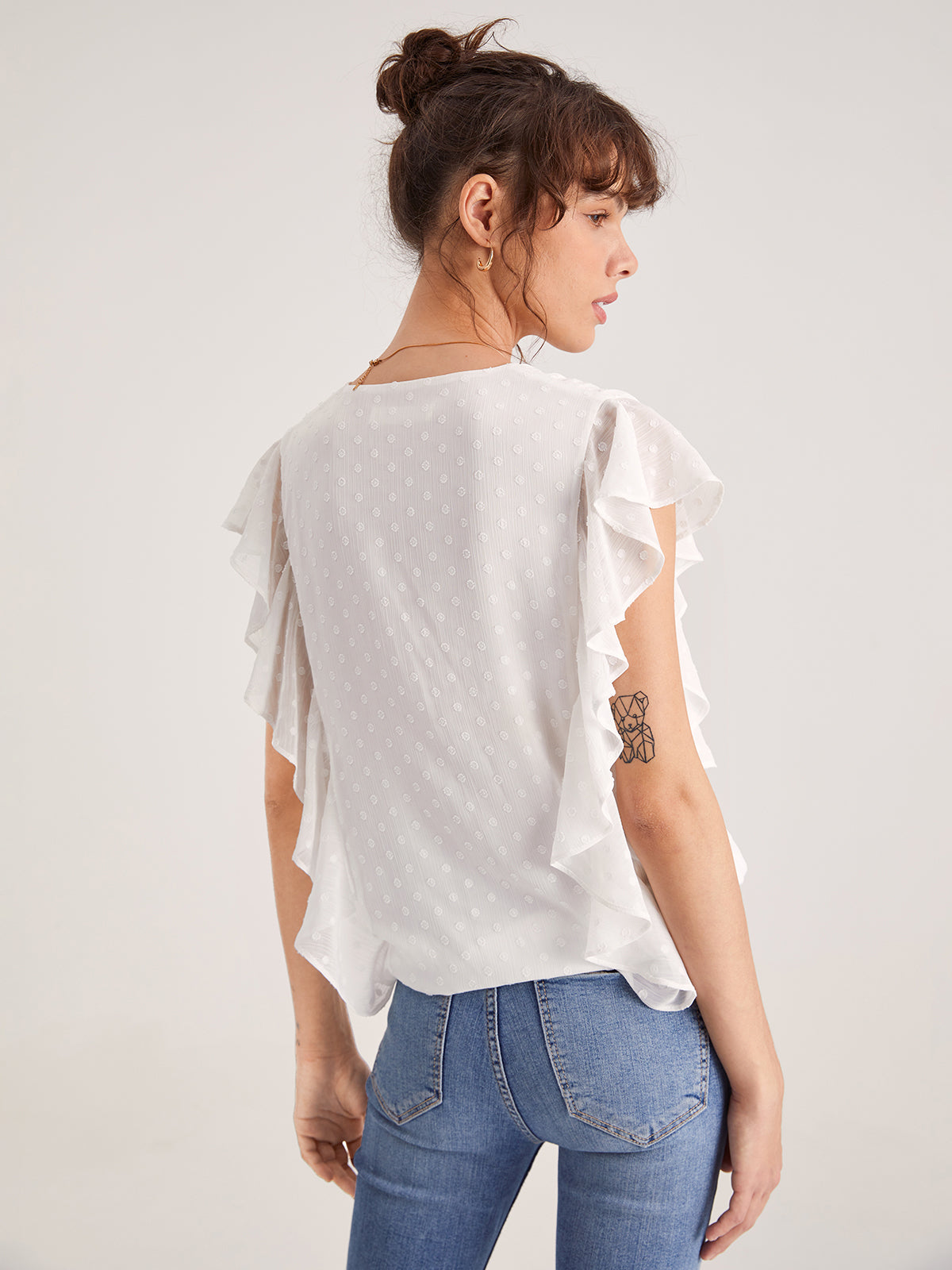 Thecomense - V-Neck Polka Dot Flutter Sleeve Top