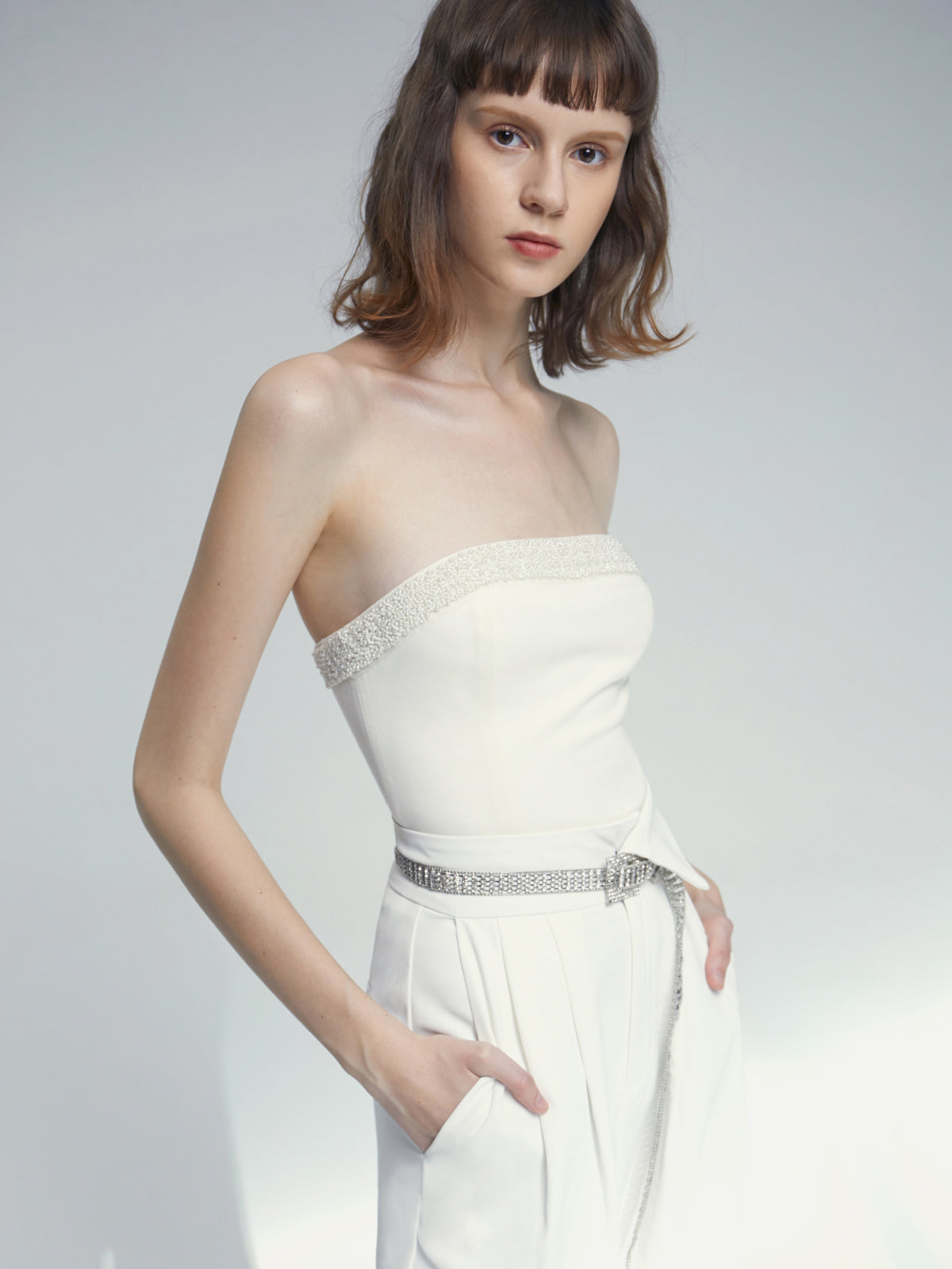 Thecomense - Straight Neck Strapless Top with Jewel Detail