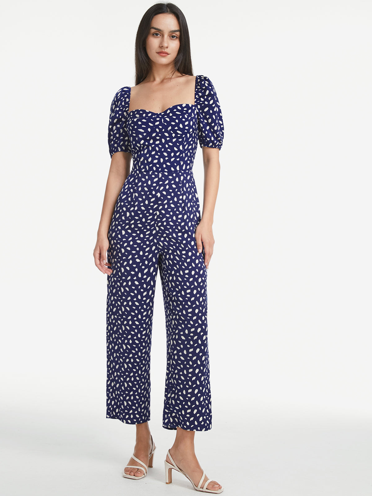 Thecomense - Petals Print Puff Sleeve Open Back Jumpsuit