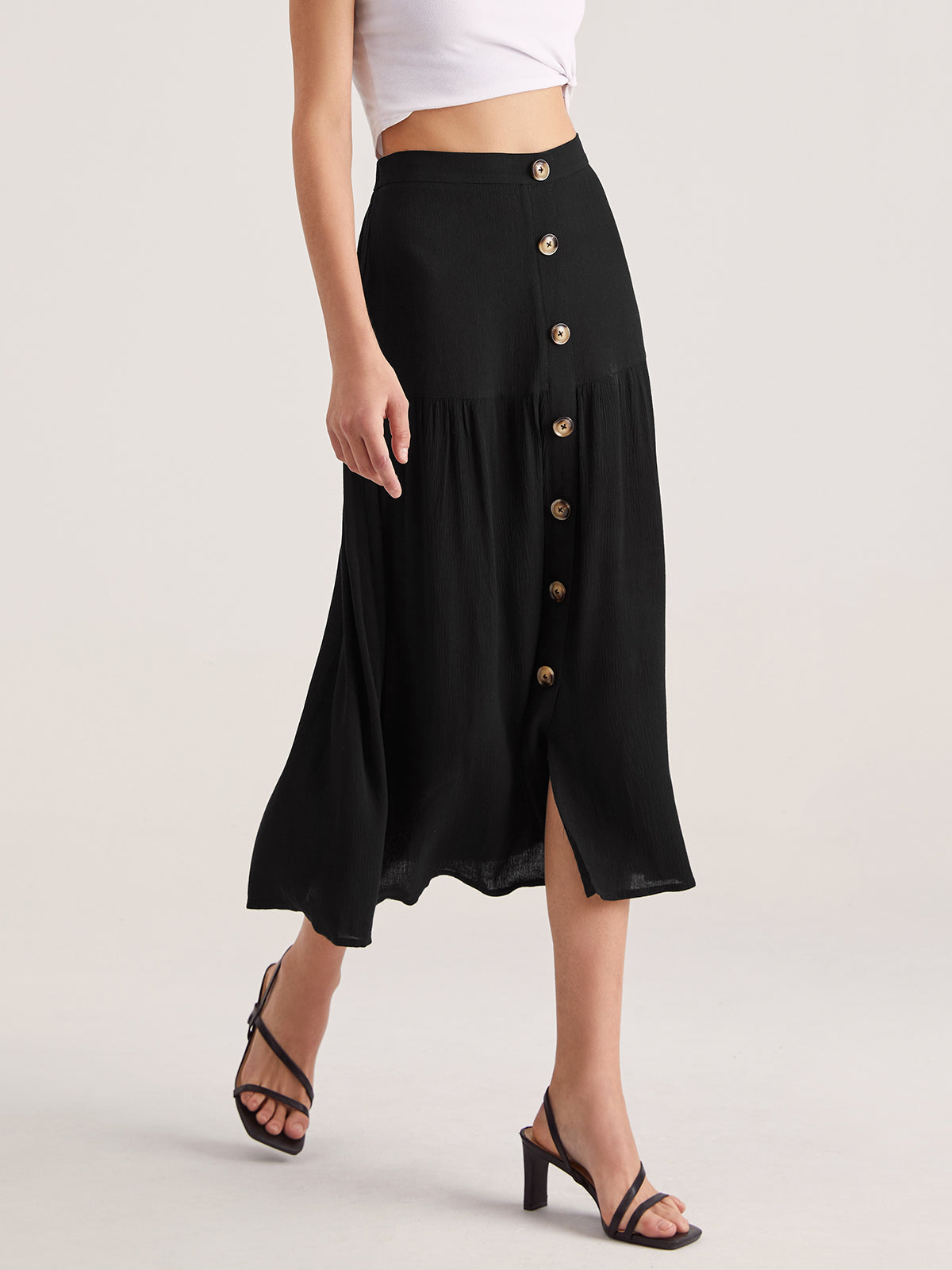 Thecomense - High Waisted Button Front Midi Skirt