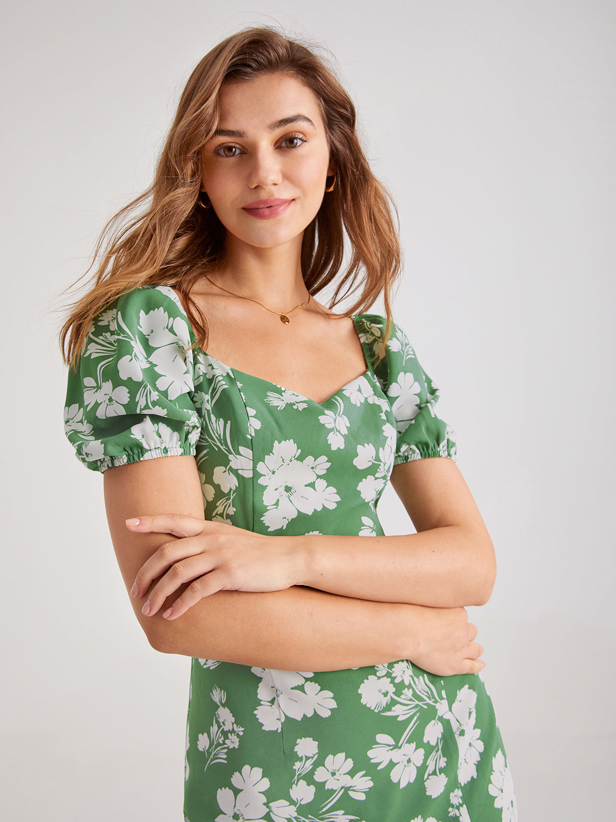 Thecomense - Puff Sleeve Floral Ruffle Midi Dress