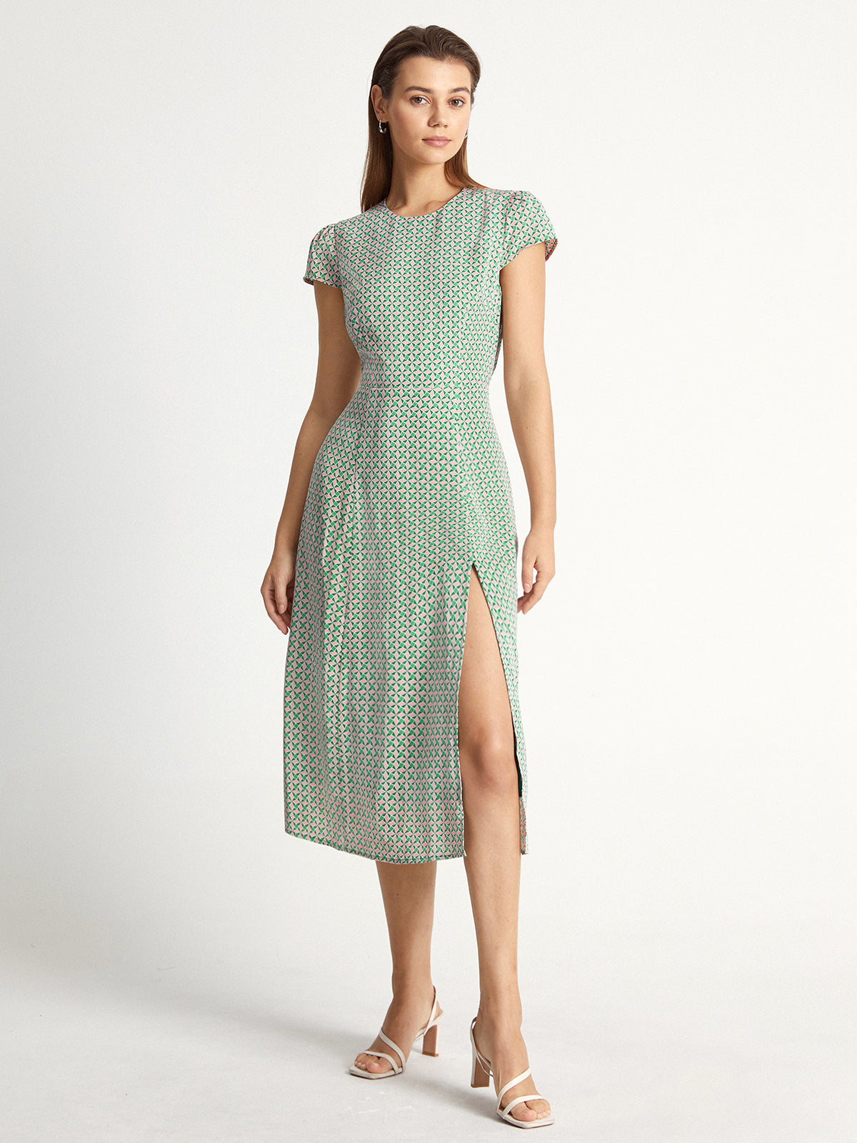 Thecomense - Shoulder Cap Diamond Print Slit Dress