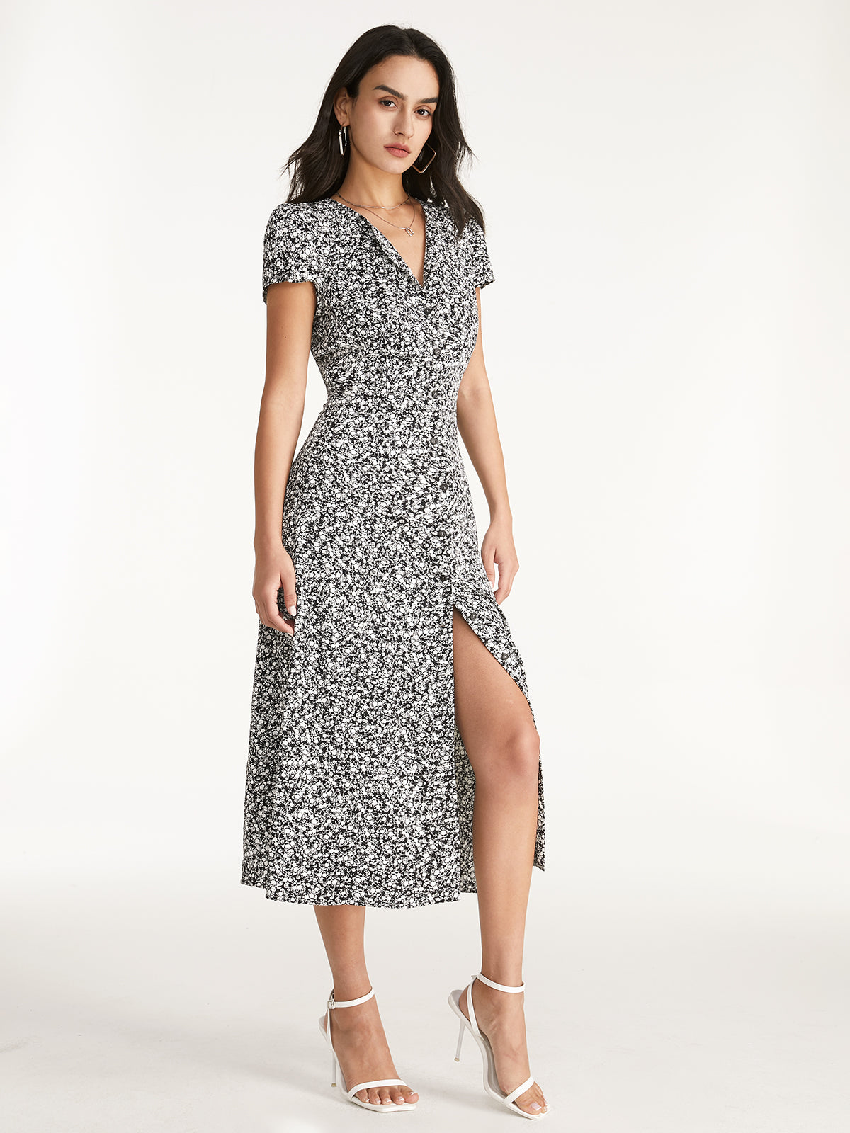 Thecomense - Contrast Floral Print V-Neck Cap Sleeve Slit Dress