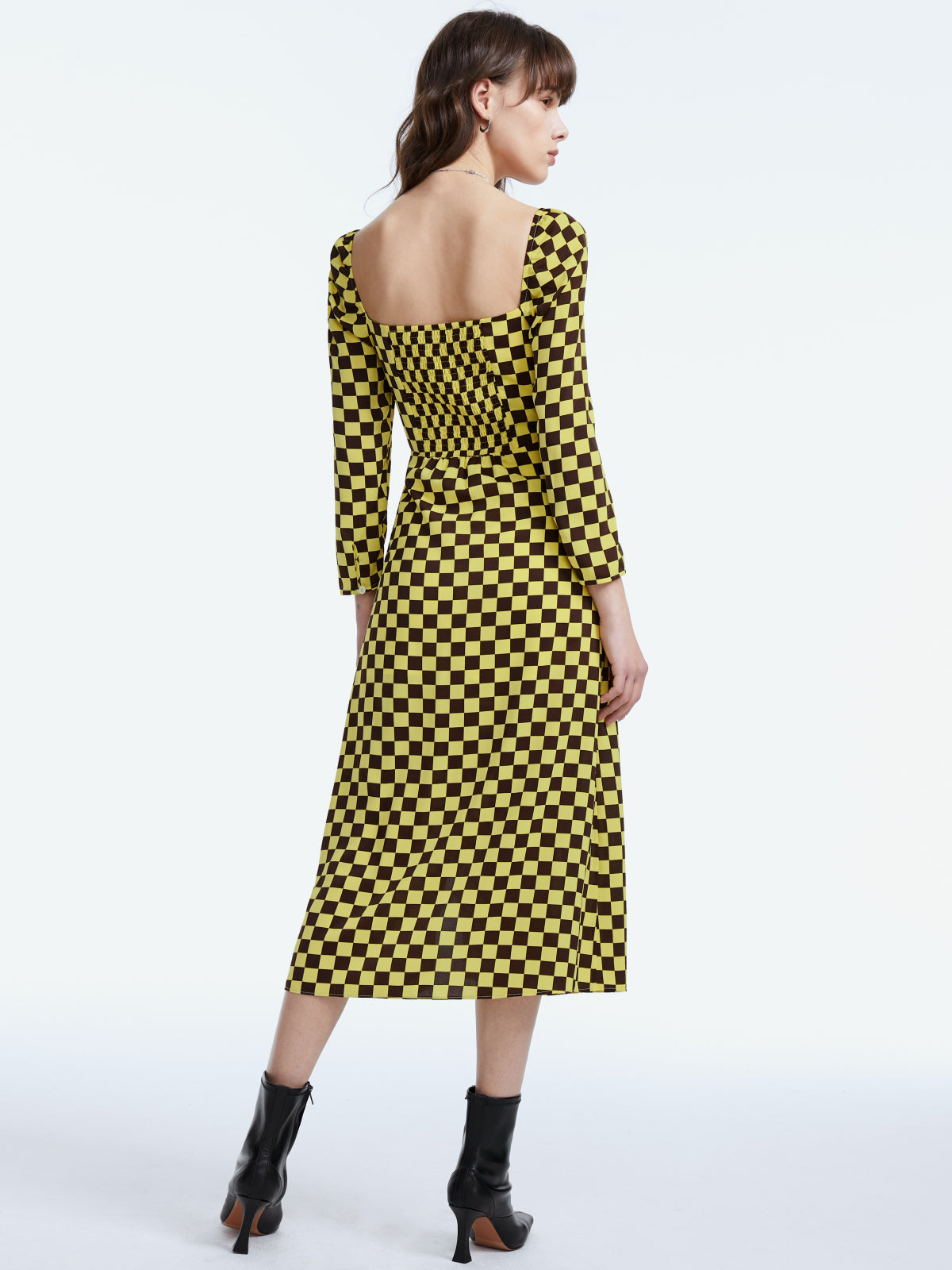 Thecomense - Square Neck Long Sleeve Racer Checkered Midi Slit Dress