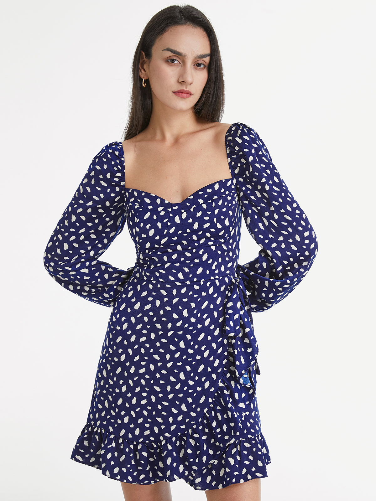 Thecomense - Sweetheart Long Puff Sleeve Printed Mini Ruffle Dress