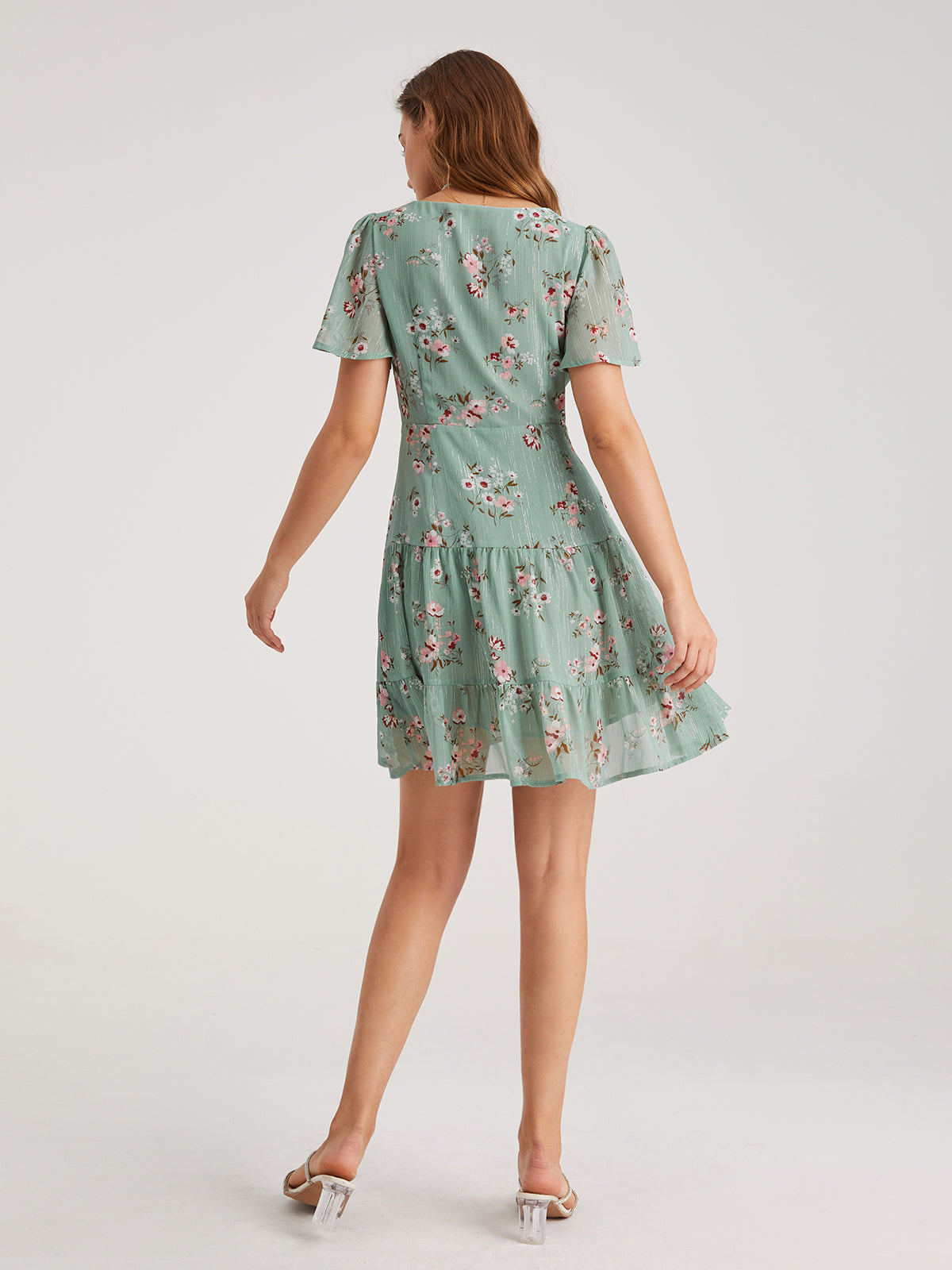 Thecomense - V-Neck Floral Tiered Short Dress